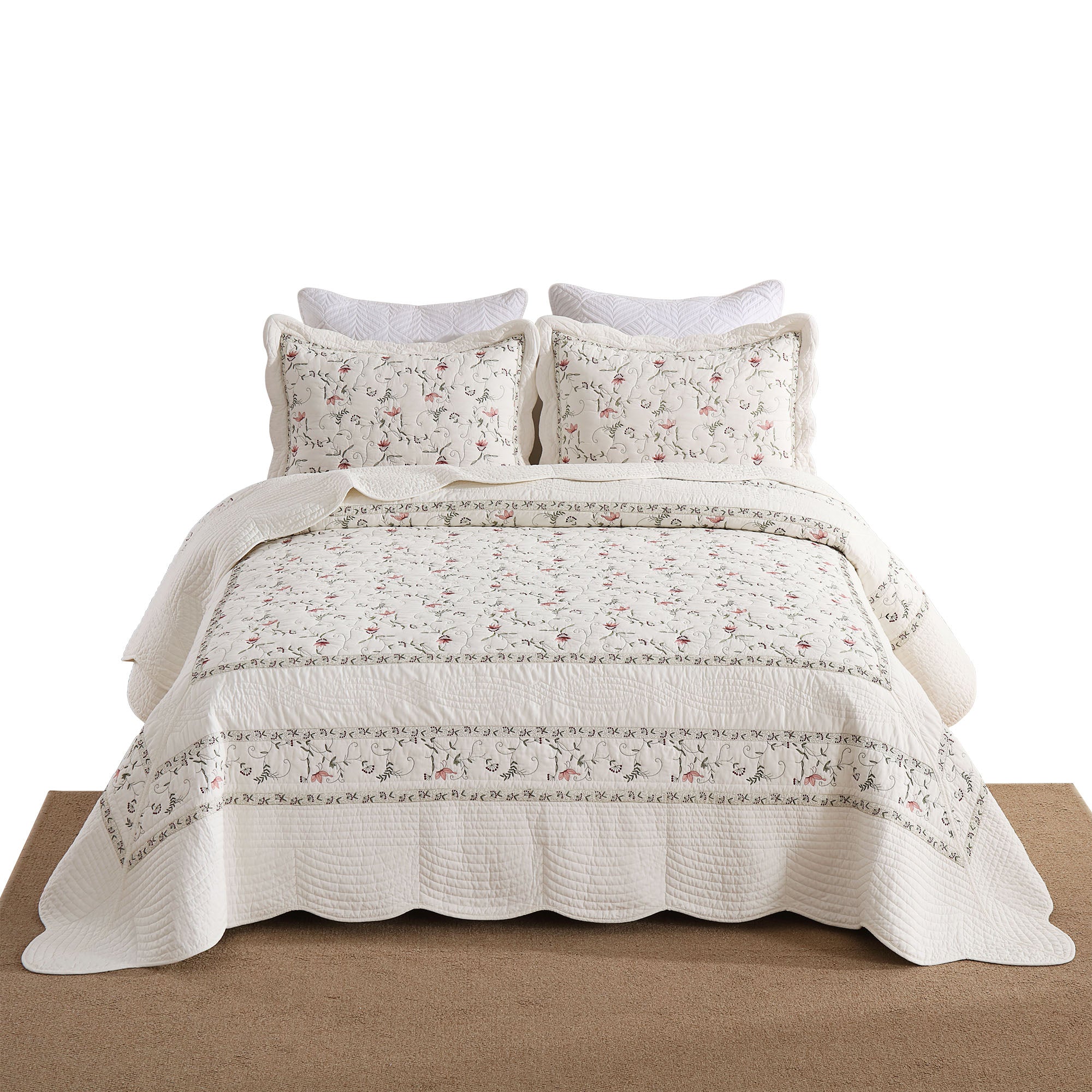 3 Piece Oversized 100% Cotton Embroidered Floral Quilt Bedspread Set TC13500