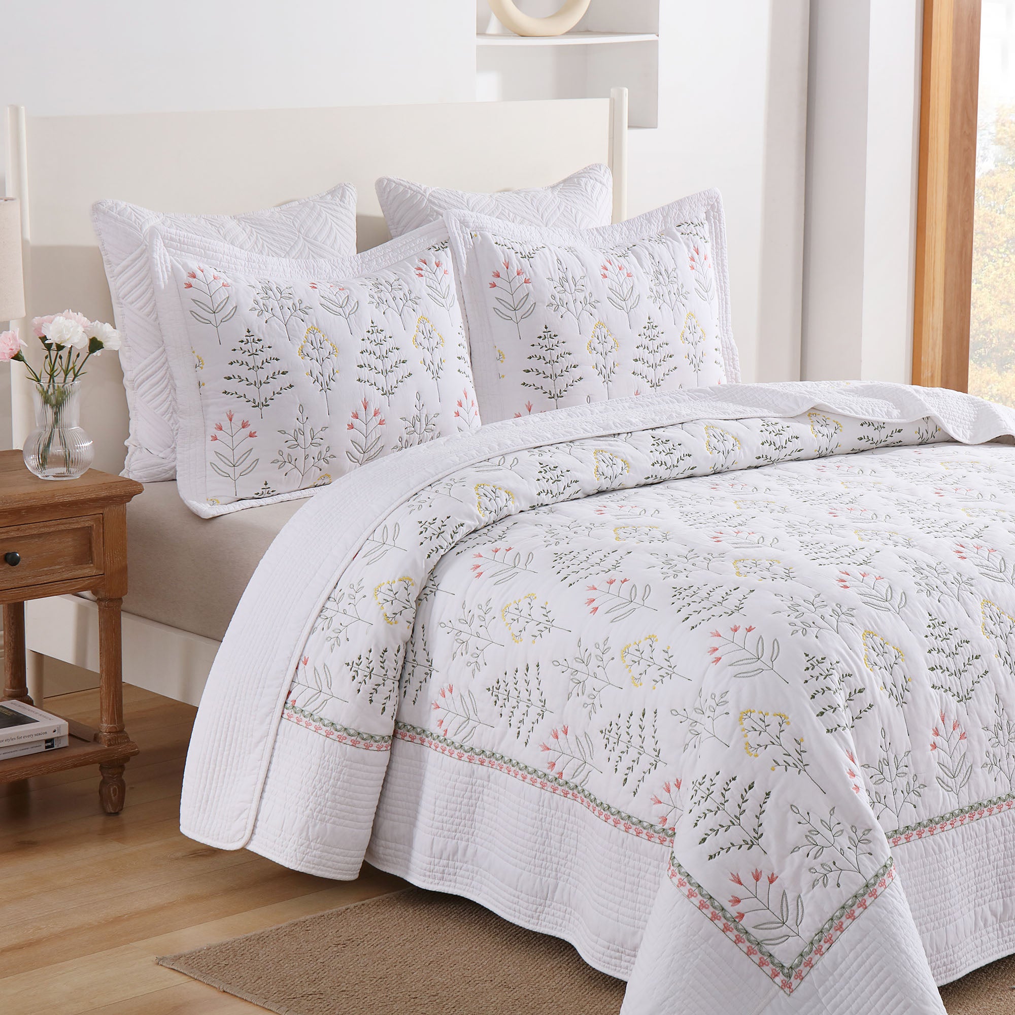 Oversized 3 Piece 100% Cotton Botanical Embroidered Quilt Set – Farmhouse Bedspread TL139