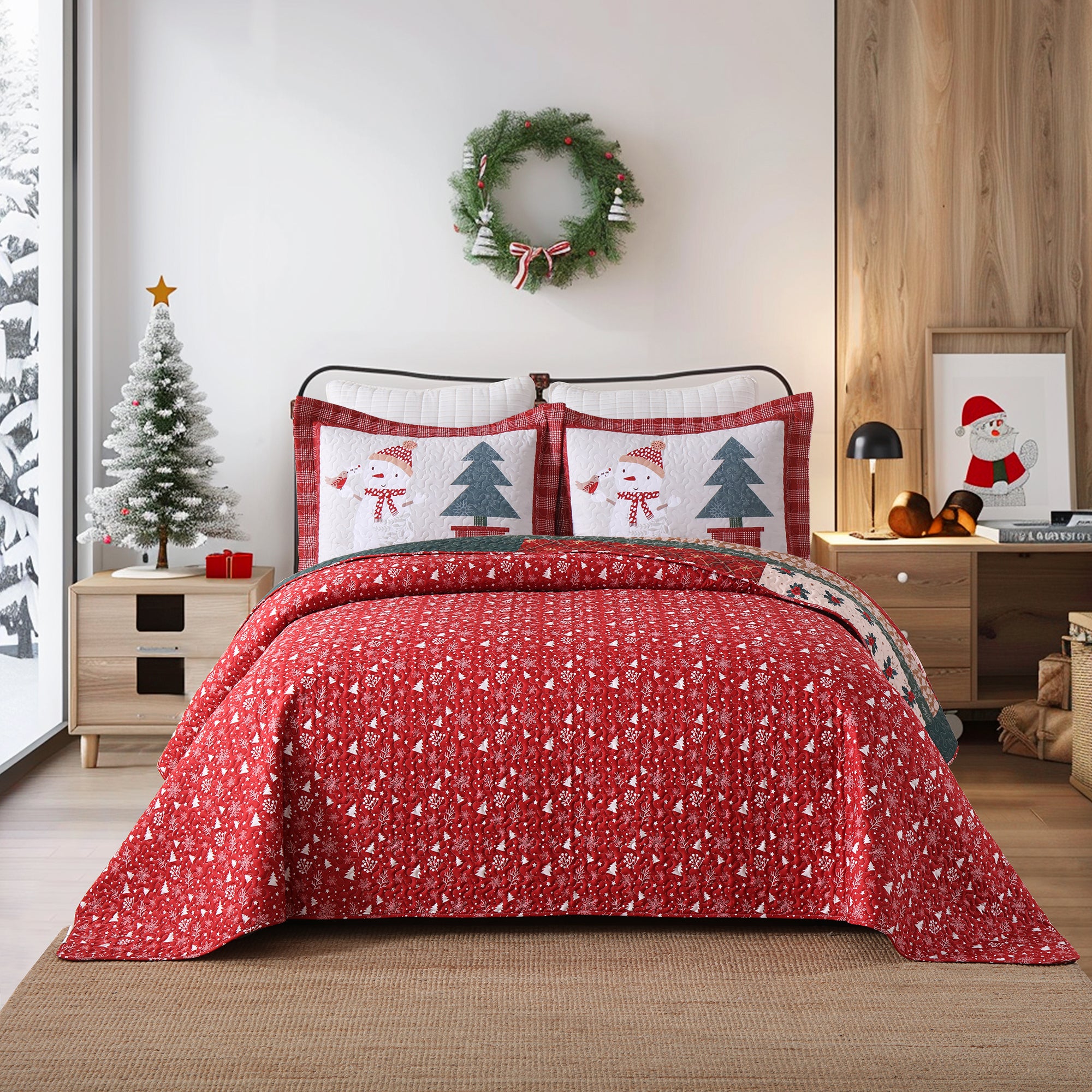 Snowman & Tree Holiday 3 Piece Reversible Polyester Christmas Quilt Set BY217