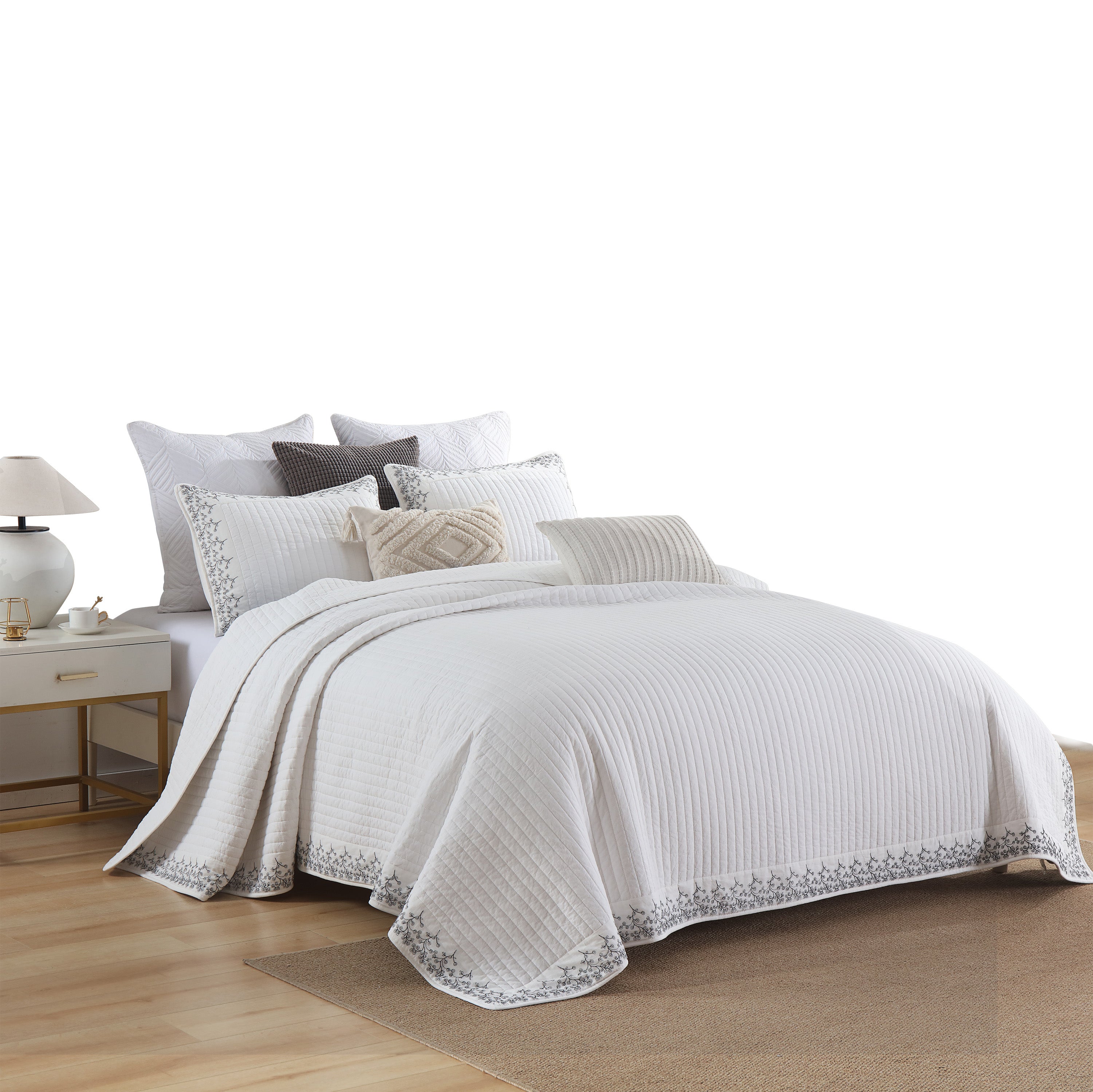 3 Piece 100% Cotton White Striped Embroidered Quilt Bedspread Set TC134