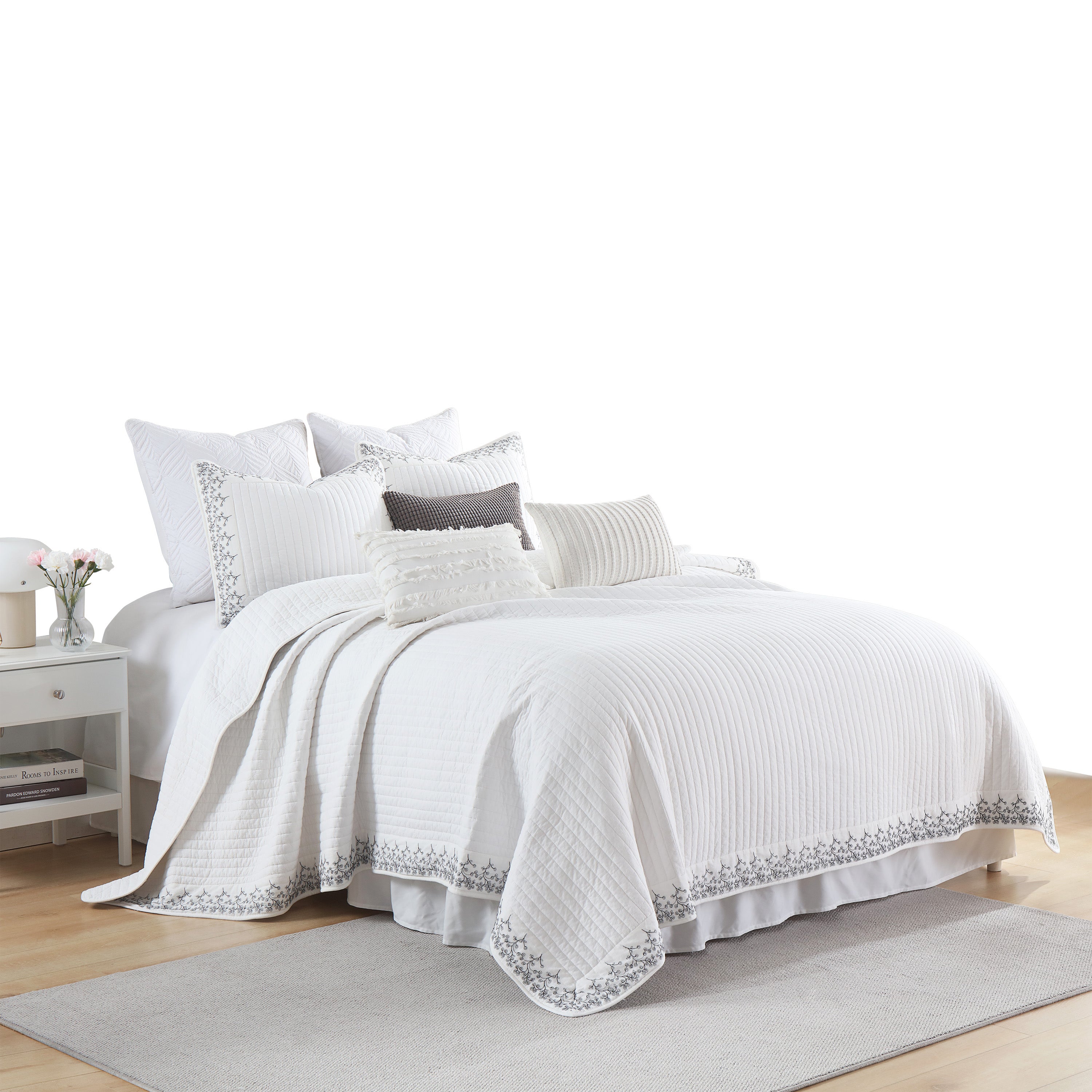 3 Piece 100% Cotton White Striped Embroidered Quilt Bedspread Set TC134