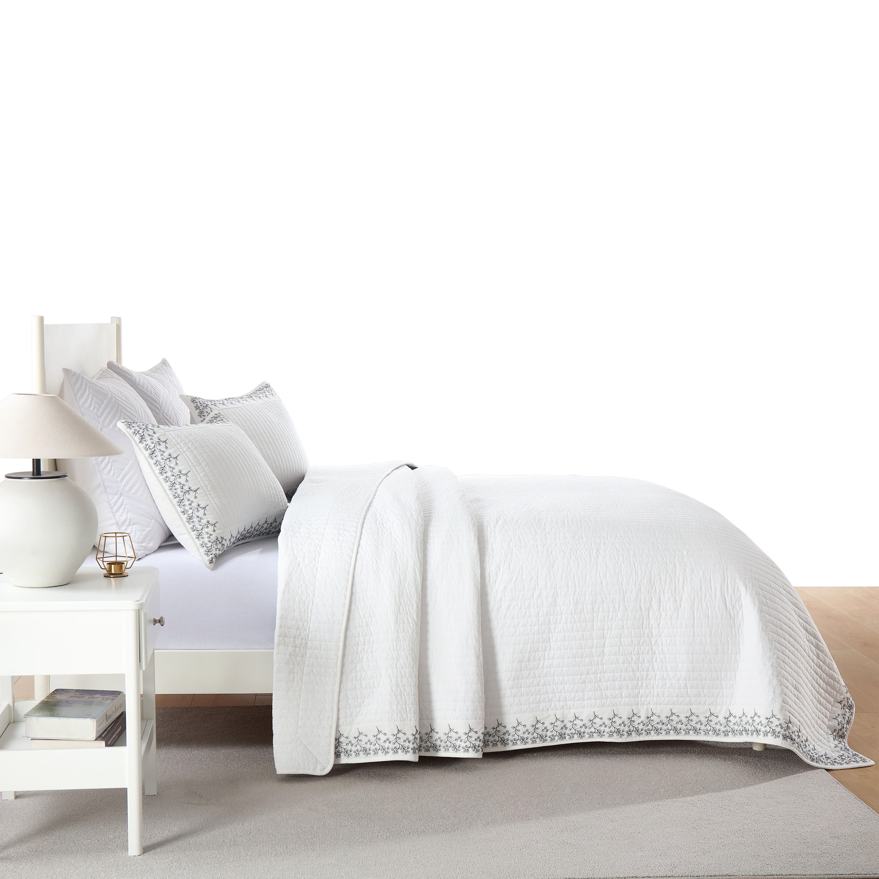 3 Piece 100% Cotton White Striped Embroidered Quilt Bedspread Set TC134