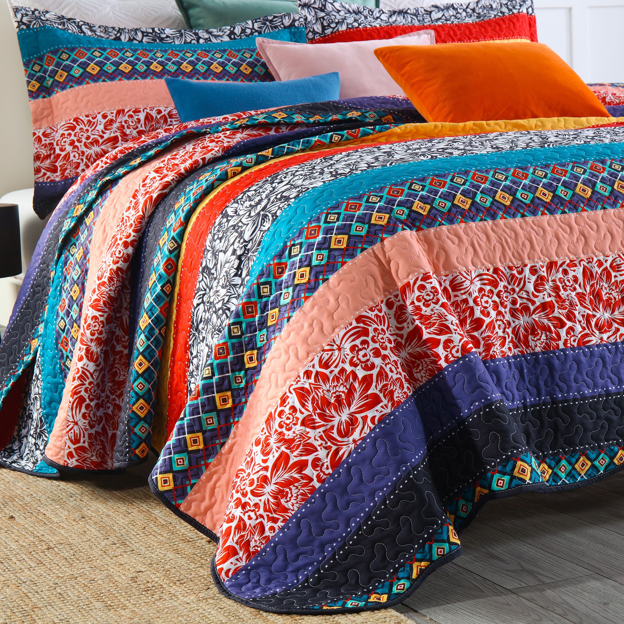 3 Piece Soft Polyester Bohemian Stripe Patchwork Quilt Bedspread Set BY221