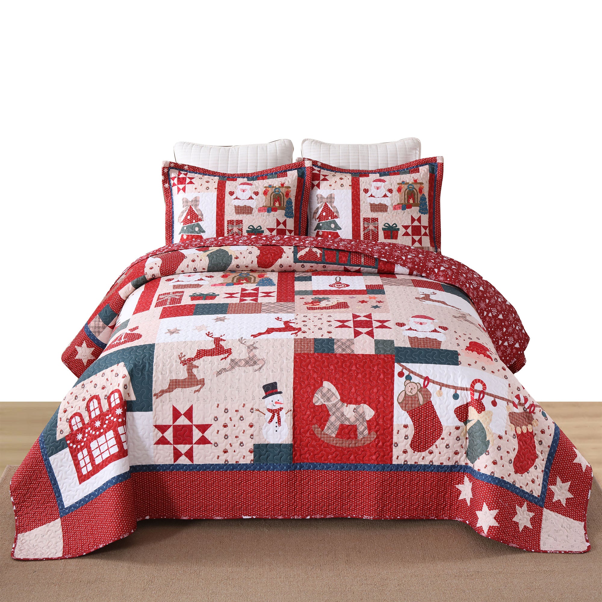 3 Piece Reversible Polyester Vintage Christmas Patchwork Quilt Set Holiday Bedspread BY220