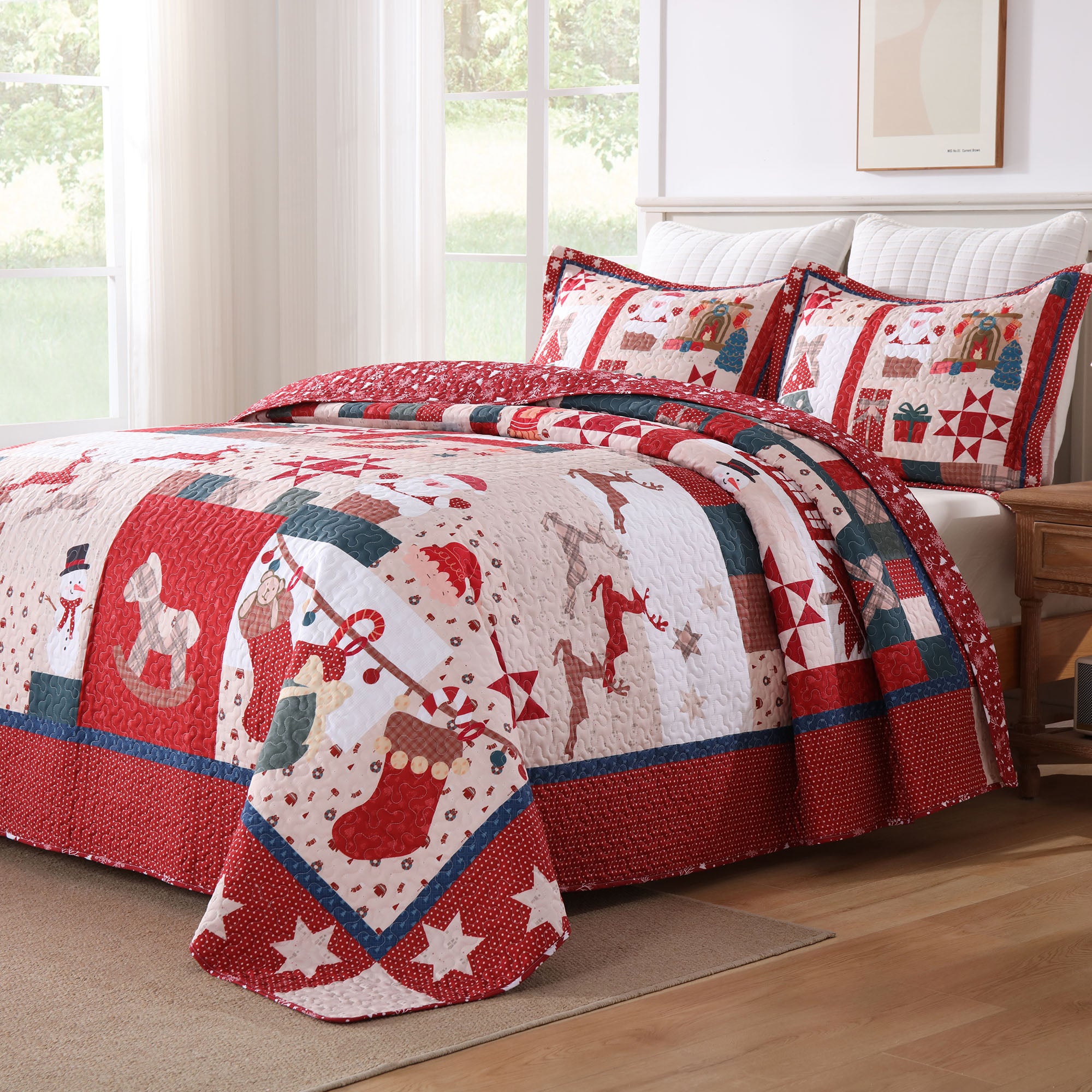 3 Piece Reversible Polyester Vintage Christmas Patchwork Quilt Set Holiday Bedspread BY220