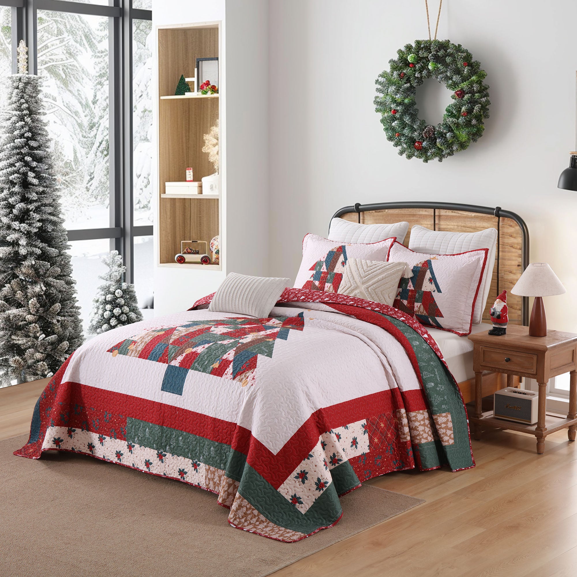 3 Piece Reversible Polyester Christmas Tree Patchwork Quilt Set - Holiday Bedspread Set BY218