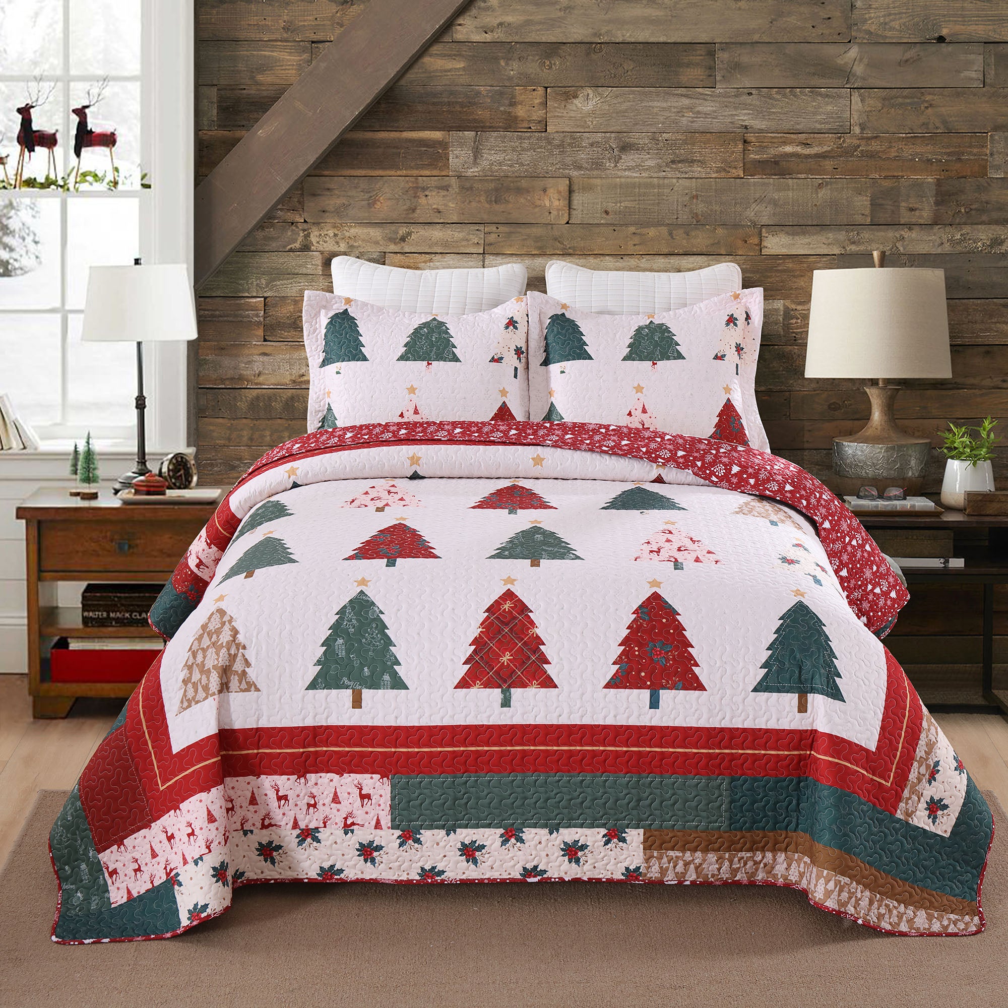 3 Piece Reversible Polyester Christmas Tree Quilt Set - Holiday Forest Bedspread BY219