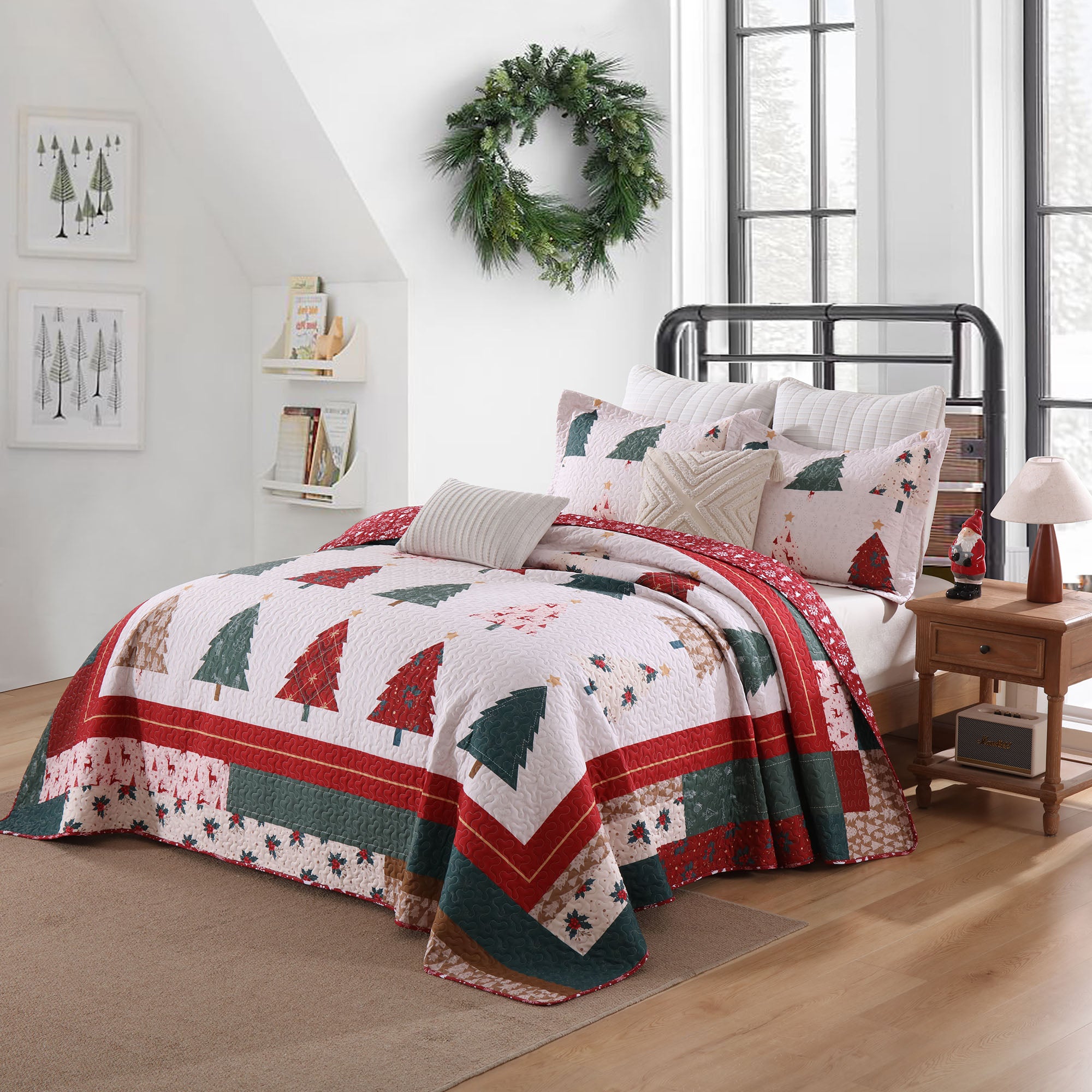 3 Piece Reversible Polyester Christmas Tree Quilt Set - Holiday Forest Bedspread BY219