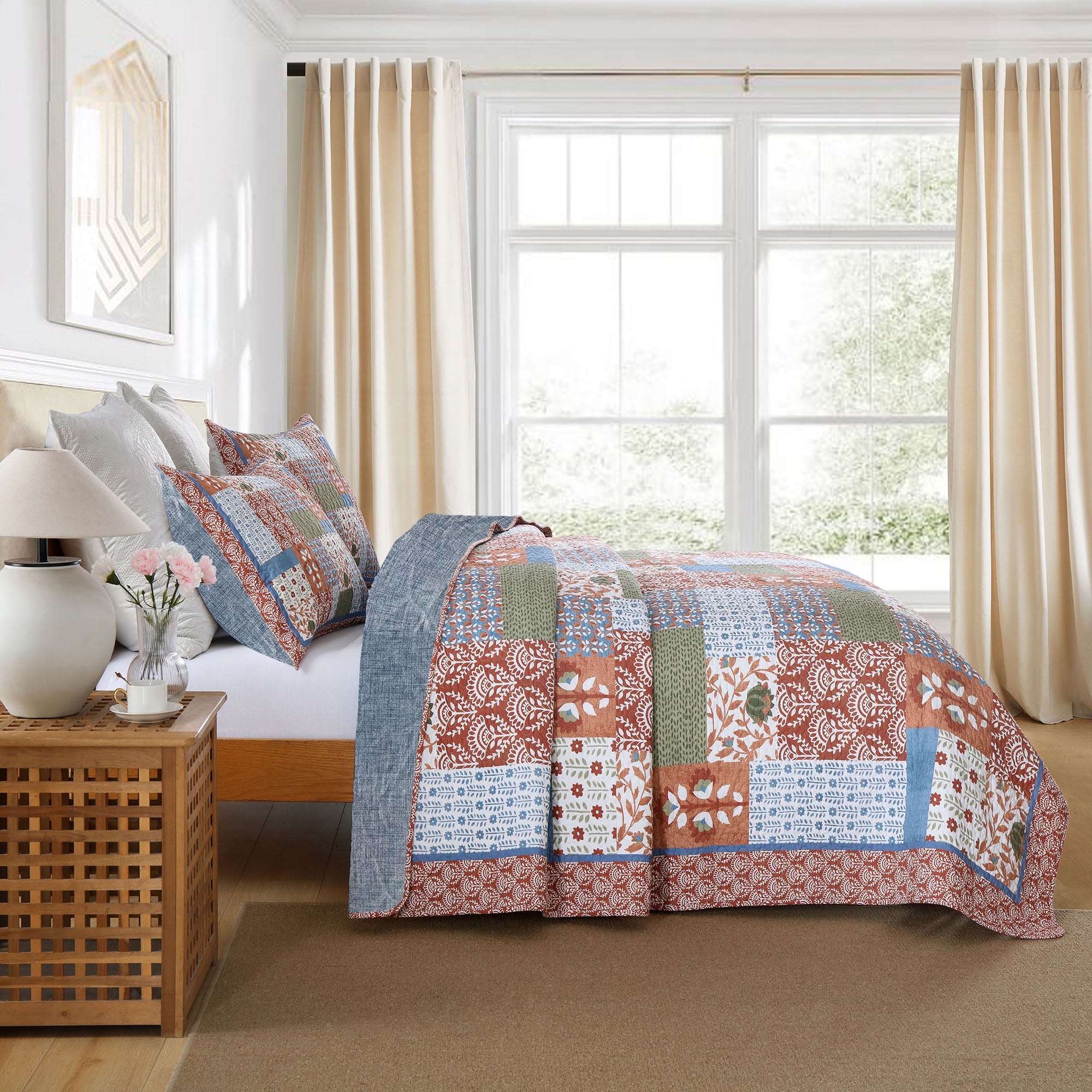 3 Piece Vintage Floral Patchwork Quilt Set Bedspread BY212