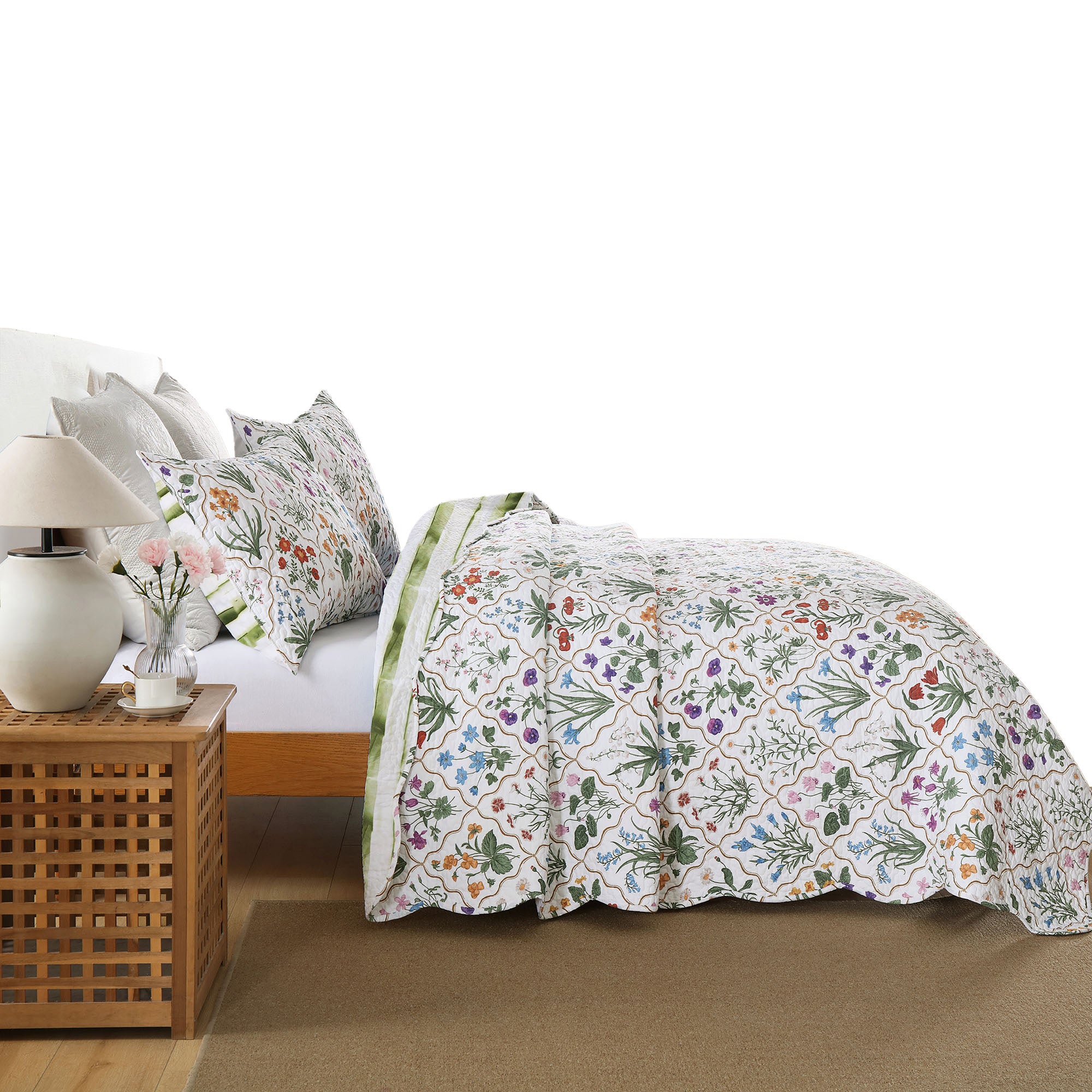 3 Piece Soft Polyester Floral Quilt Set - Botanical Print Quilted Bedspread