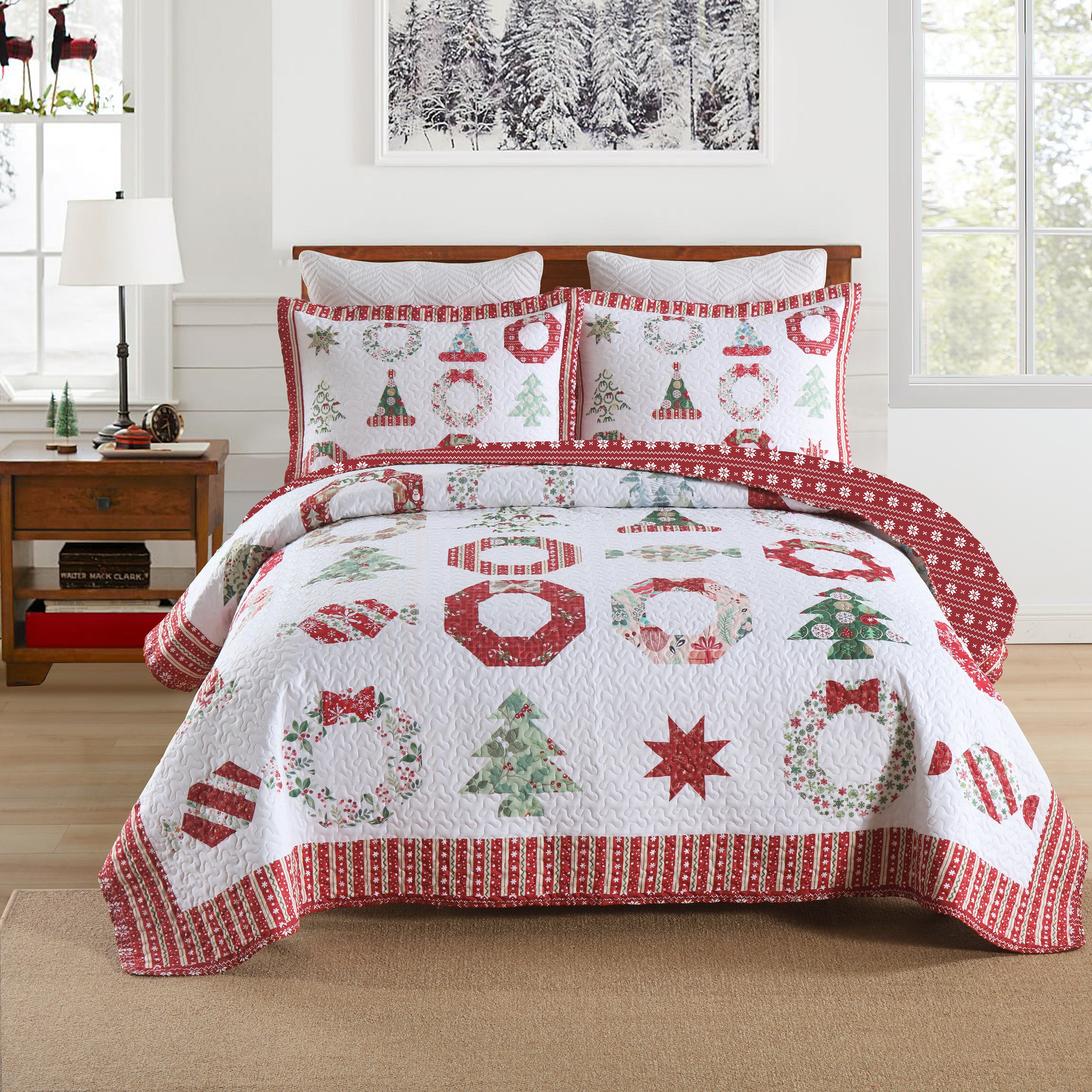 3 Piece Christmas Quilt Set Holiday Candy Print Bedspread