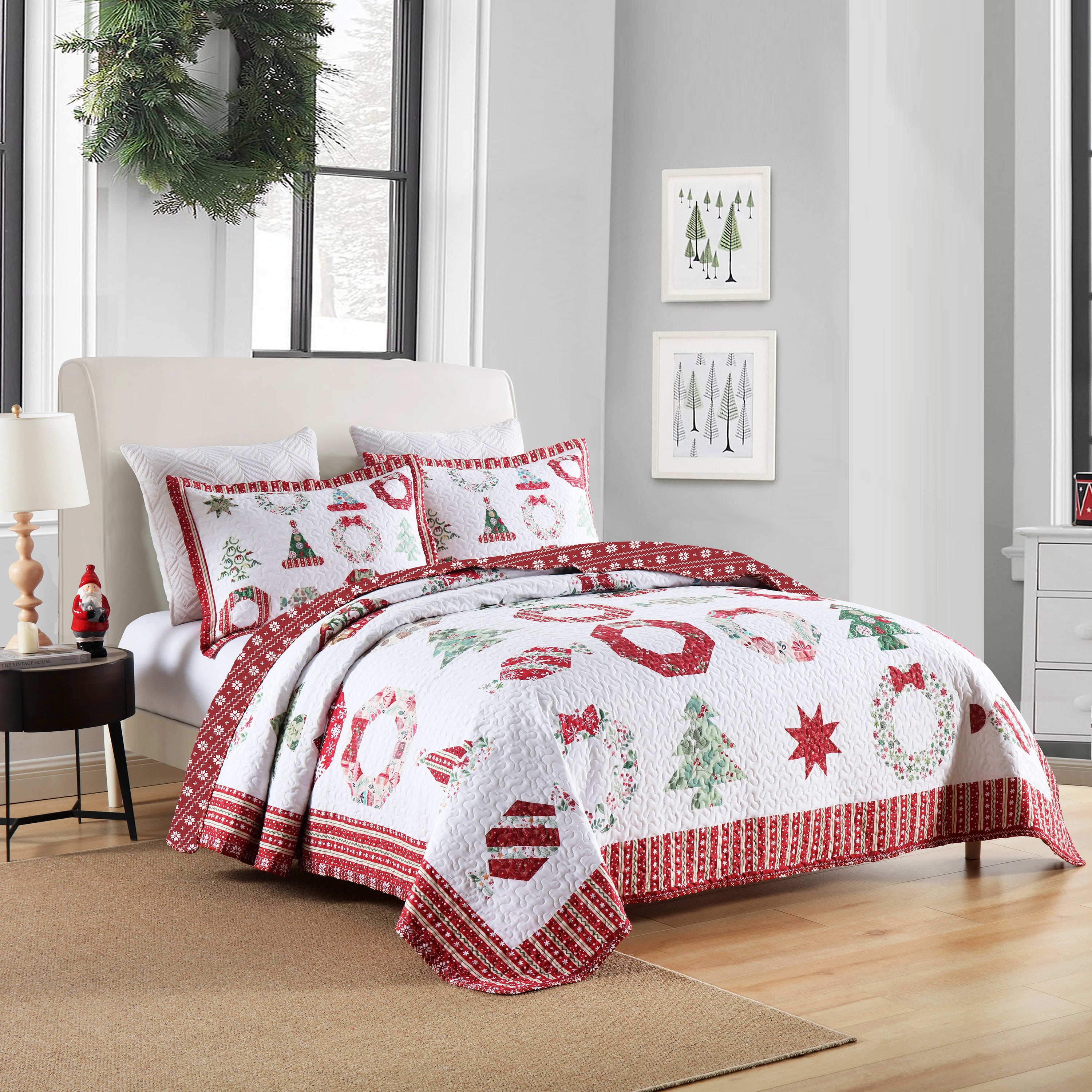 3 Piece Christmas Quilt Set Holiday Candy Print Bedspread