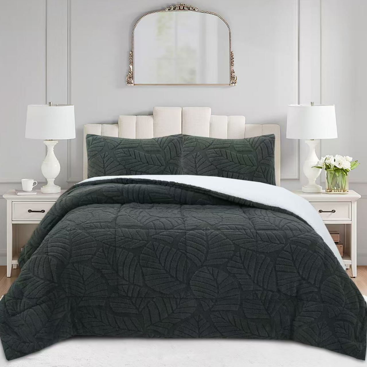 Soft 3 Piece Leaf Pattern Jacquard Plush Comforter Set MEL