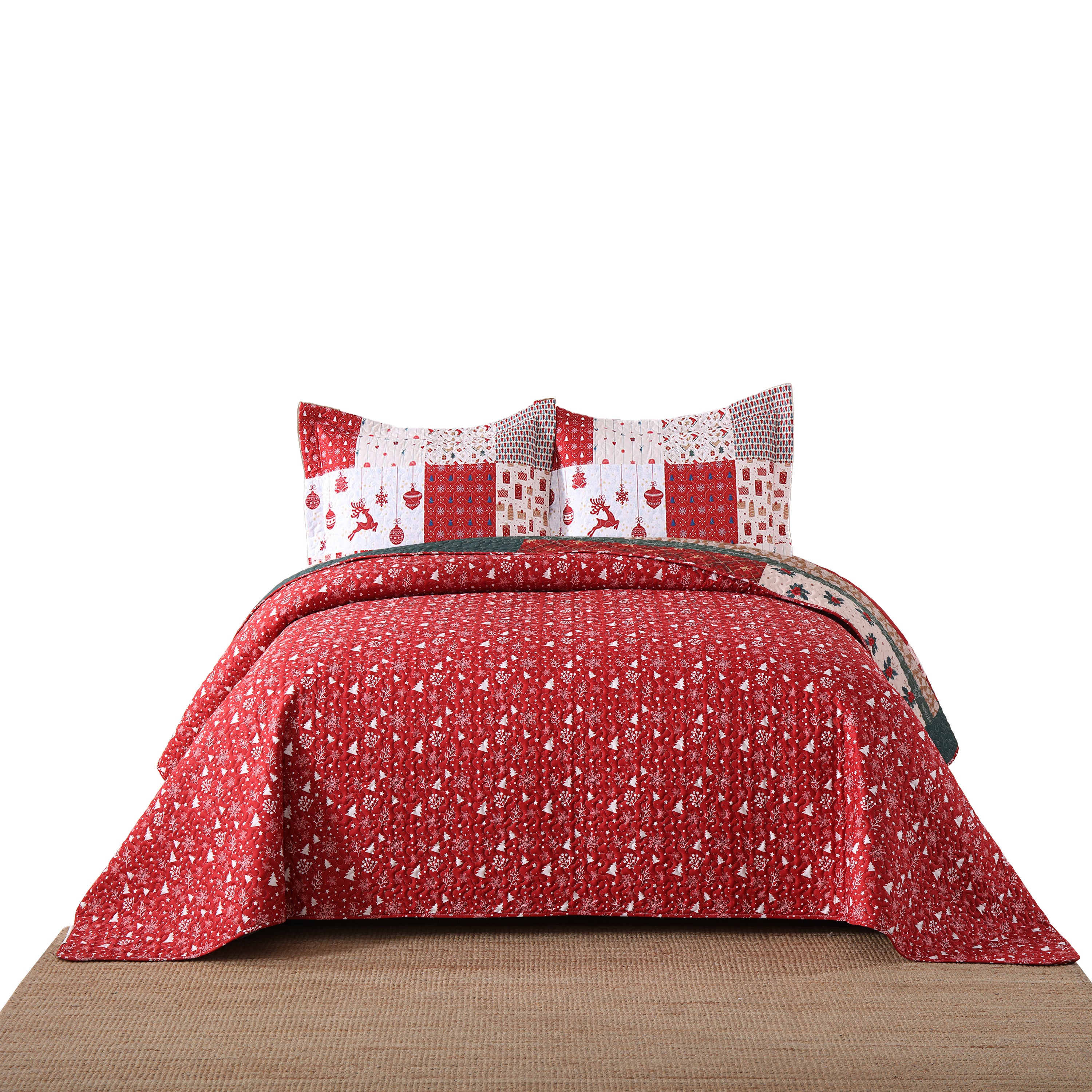 3 Piece Reversible Christmas Holiday Patchwork Quilt Bedspread Set BY216