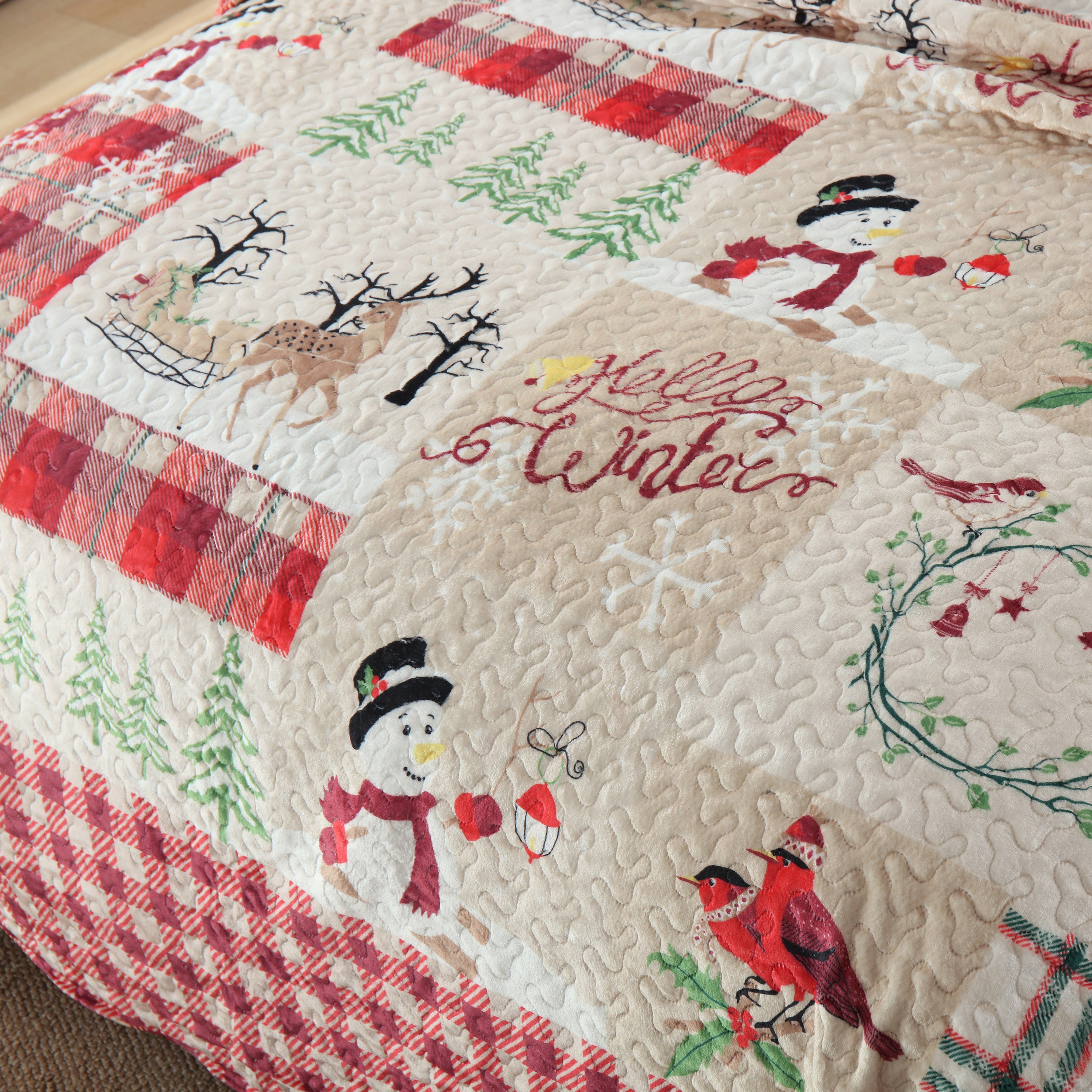 3 Piece Velvet Quilted Christmas Quilt Bedspread Set BYV207