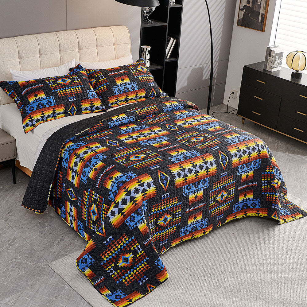 3 Piece Boho Colorful Geometric Printed Quilt Bedspread Set SS