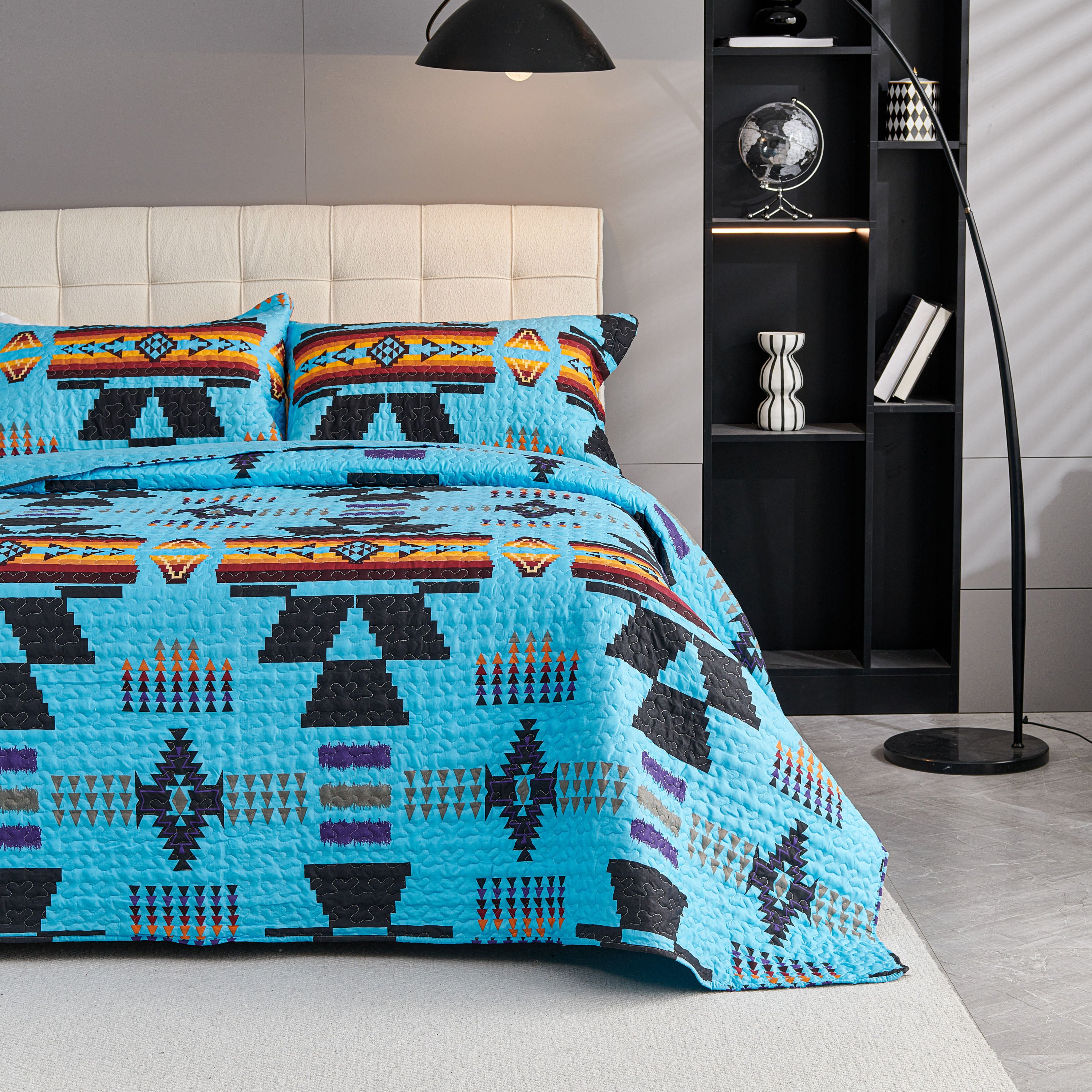 3 Piece Boho Colorful Geometric Printed Quilt Bedspread Set SS