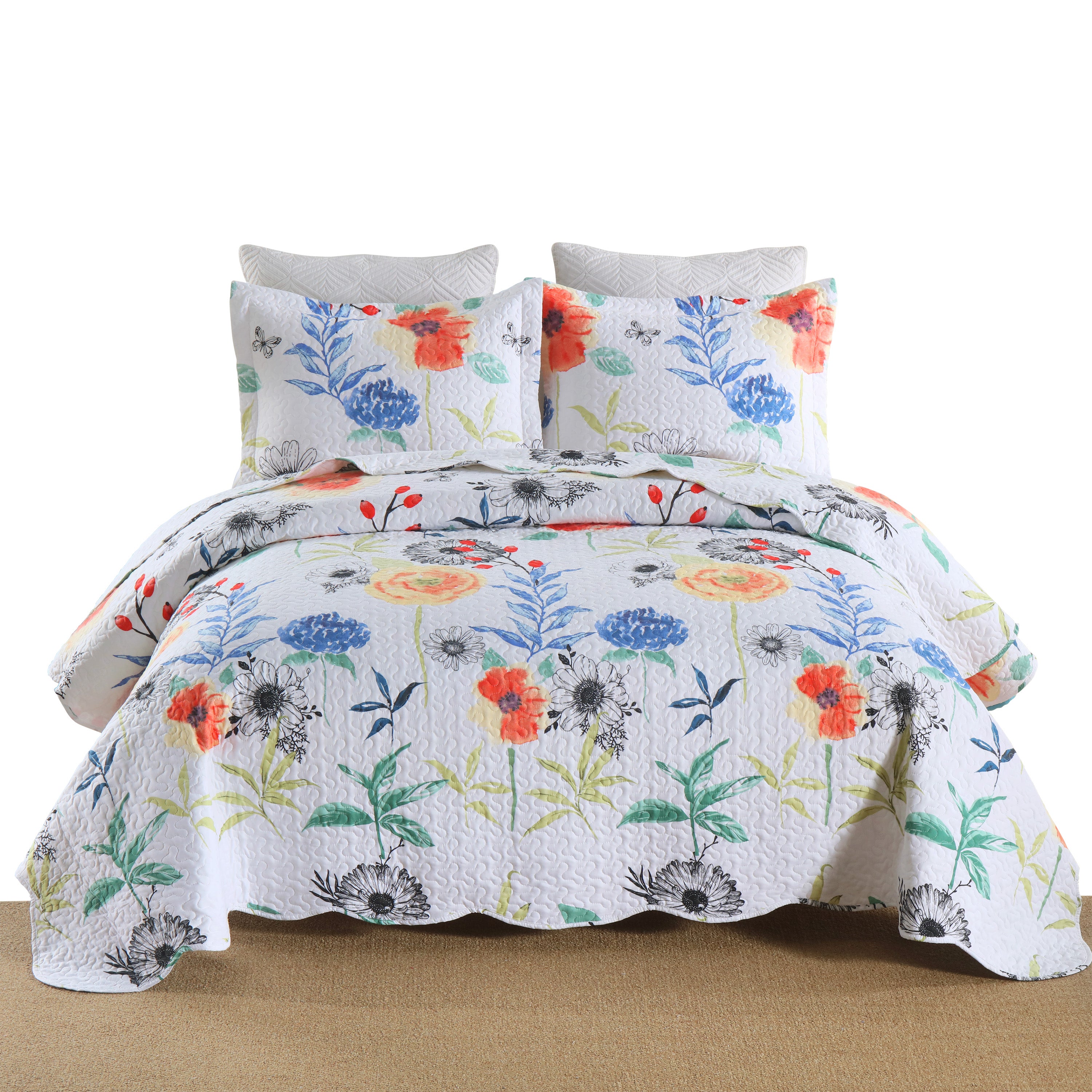 3 Piece Printed Floral Lightweight Quilt Bedspread Set BY209