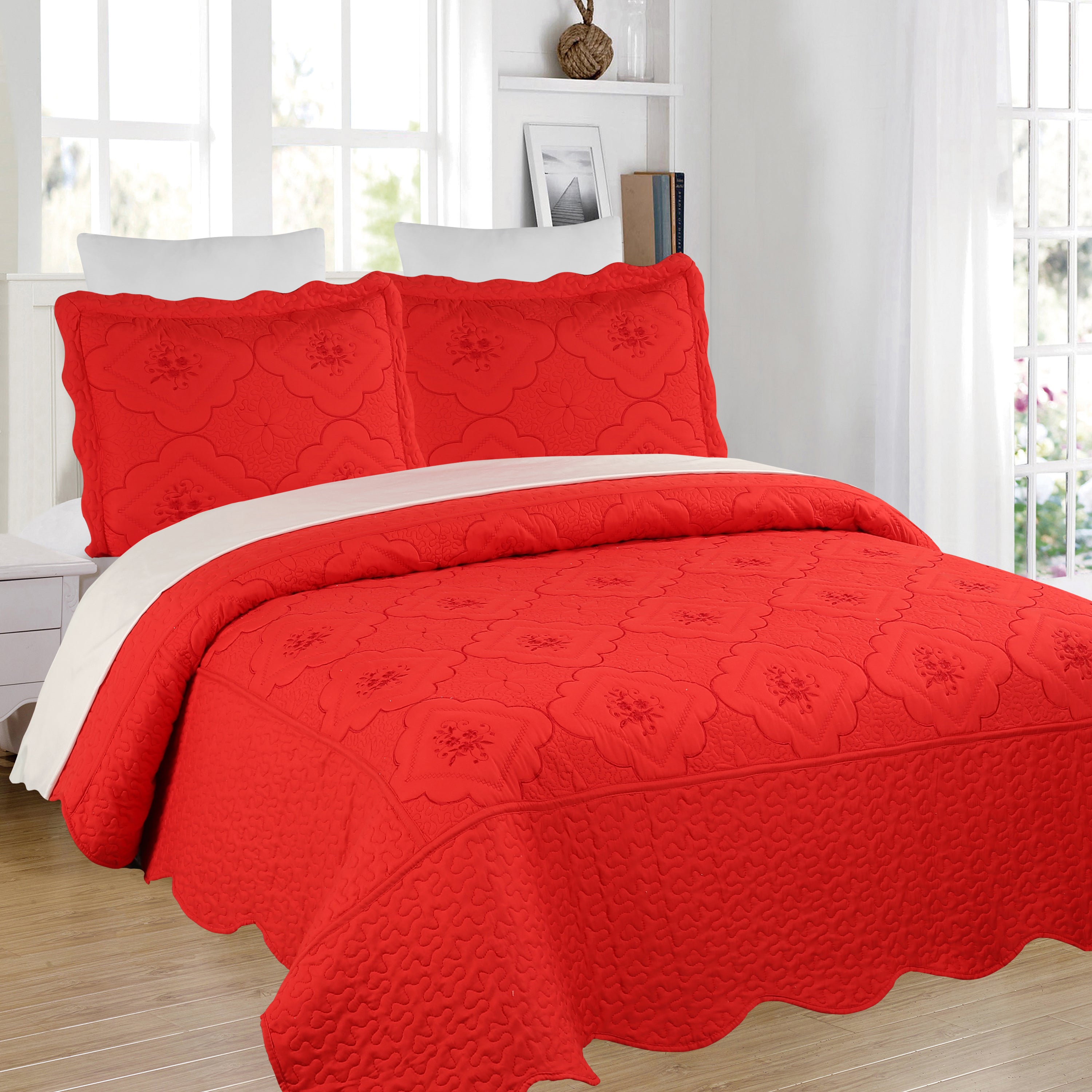 3 Piece Floral Embroidered Quilted Bedspread Set