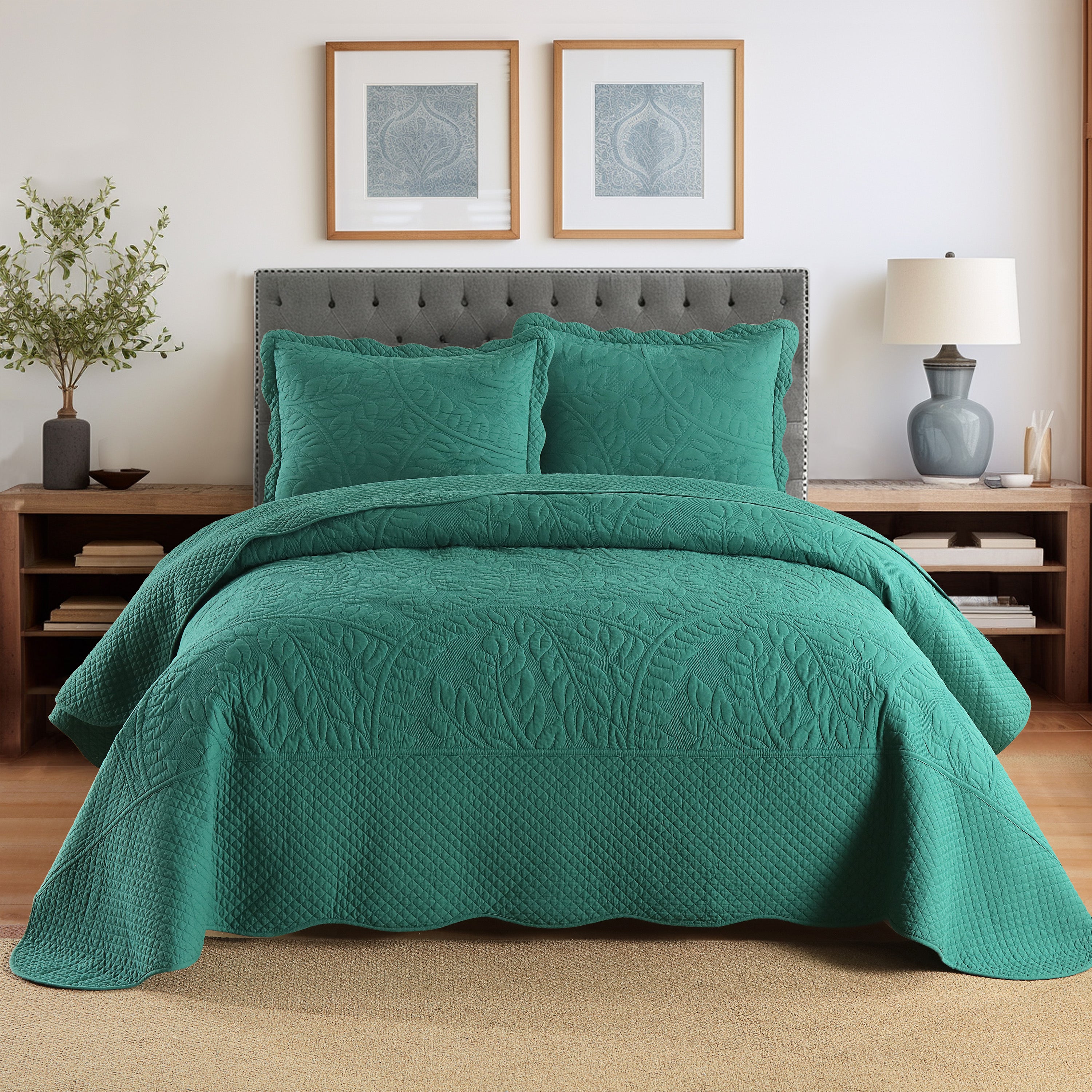 3 Piece 100% Cotton Quilt Set, Oversized Quilted Bedspread T