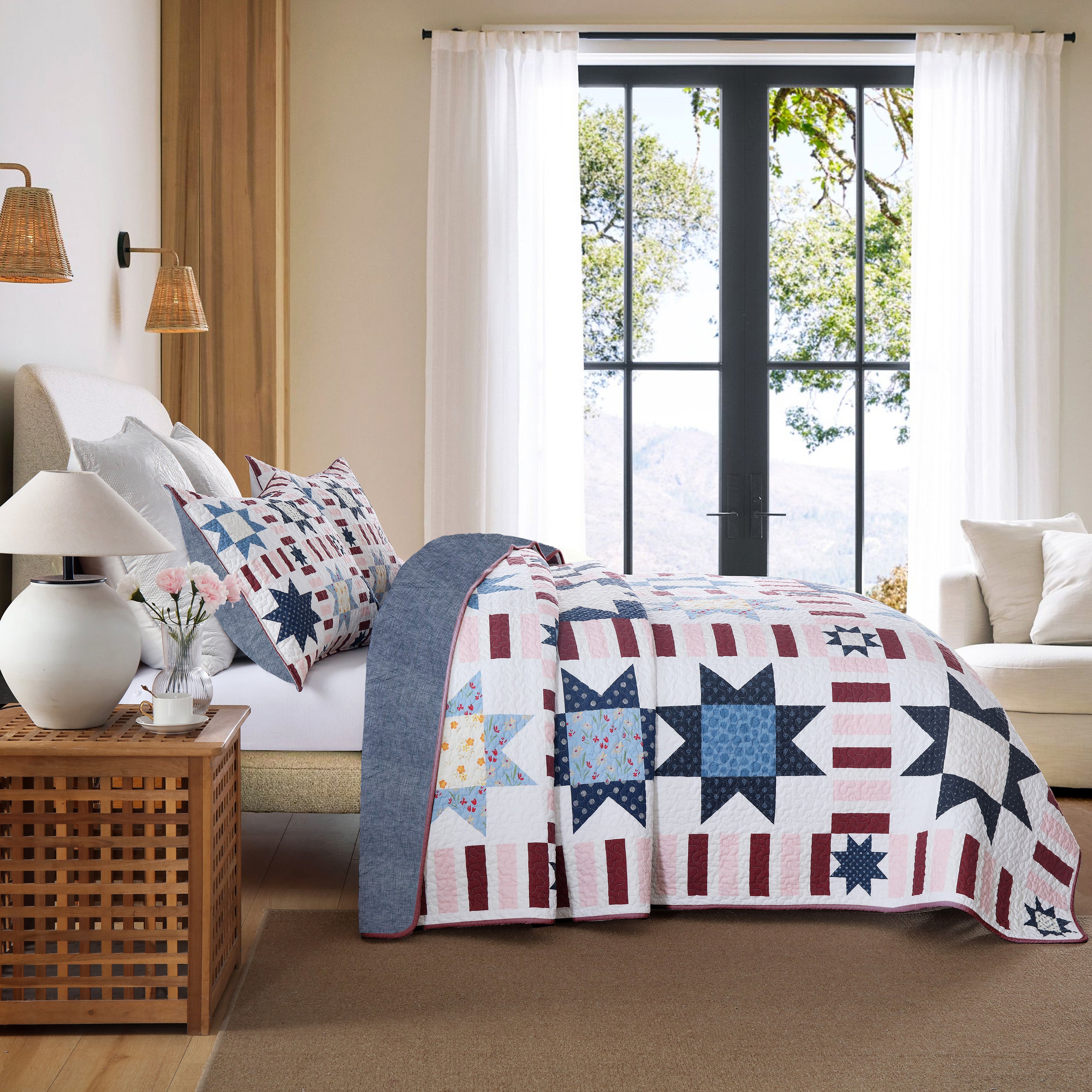 3 Piece Farmhouse Star Quilt Set – Patchwork Bedspread BY330