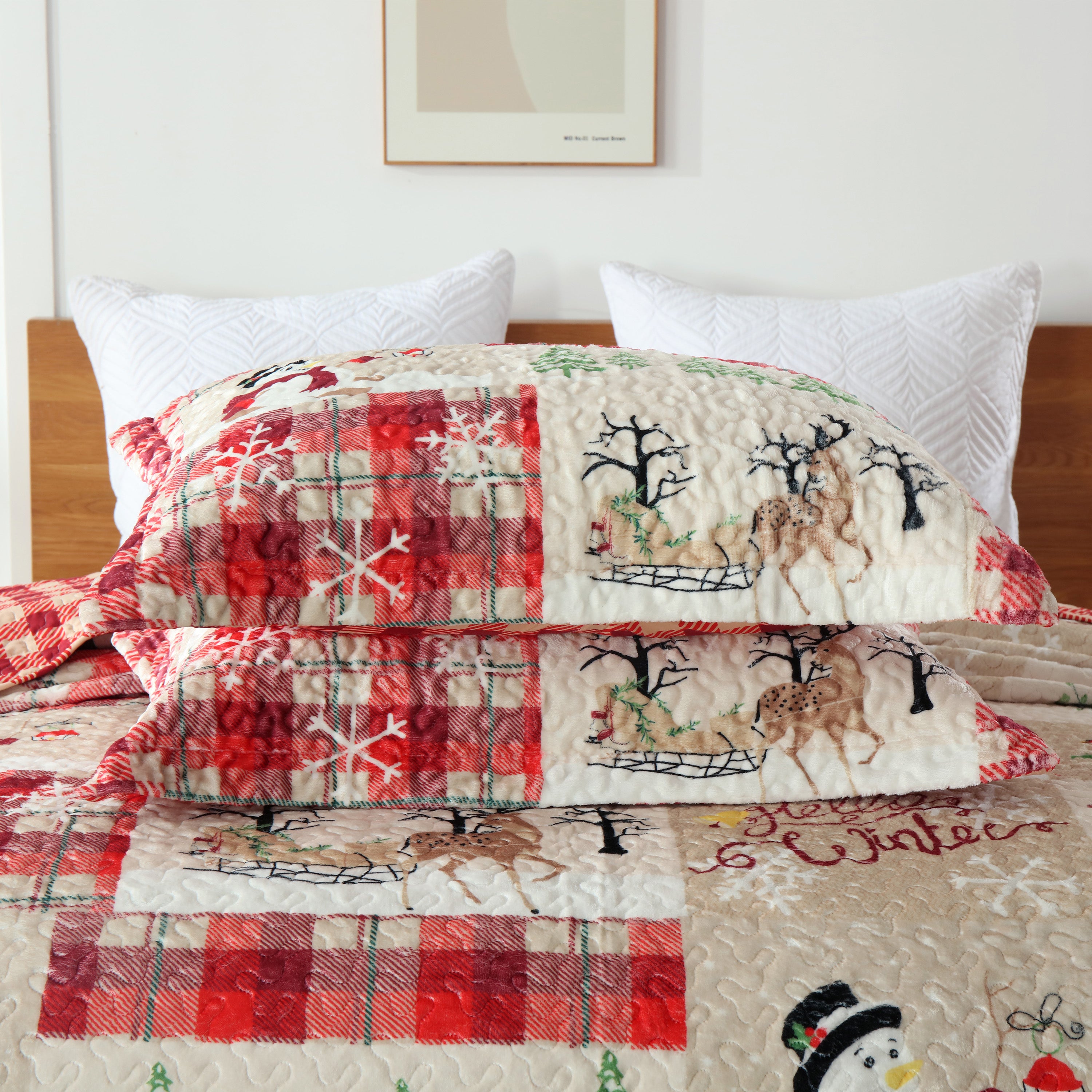 3 Piece Velvet Quilted Christmas Quilt Bedspread Set BYV207
