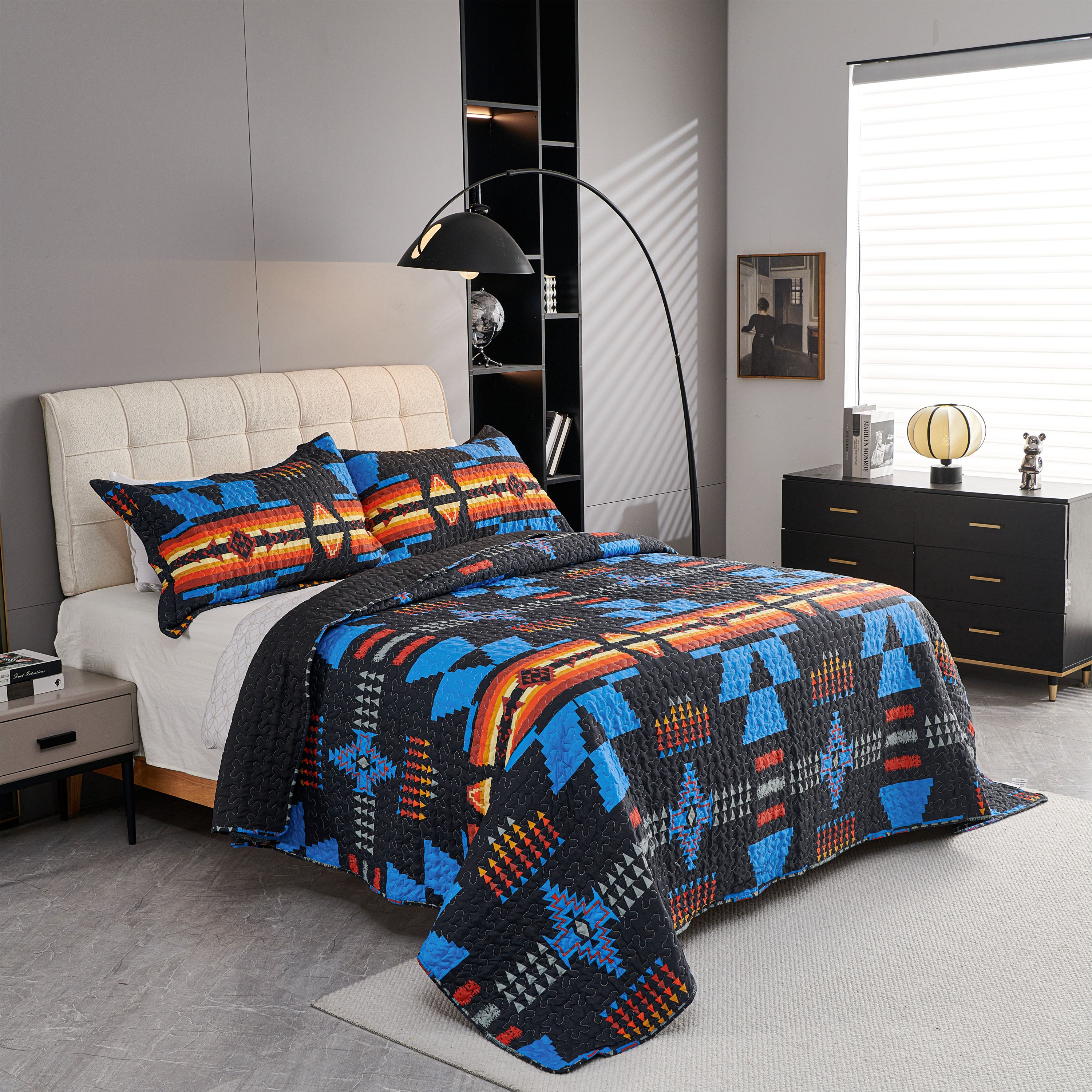 3 Piece Boho Colorful Geometric Printed Quilt Bedspread Set SS