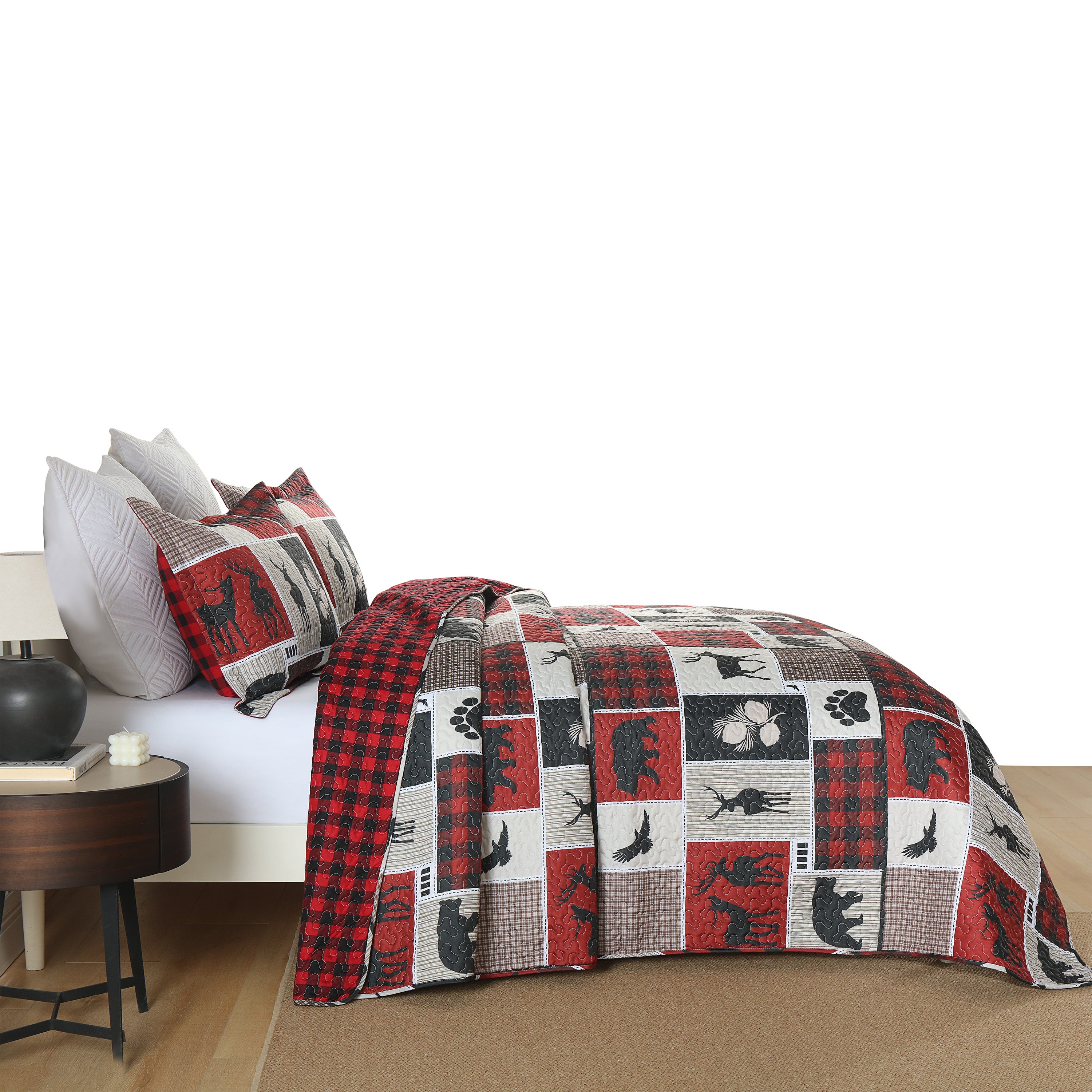 3 Piece Rustic Lodge Quilt Set, Bear Moose Plaid Patchwork Bedspread B195