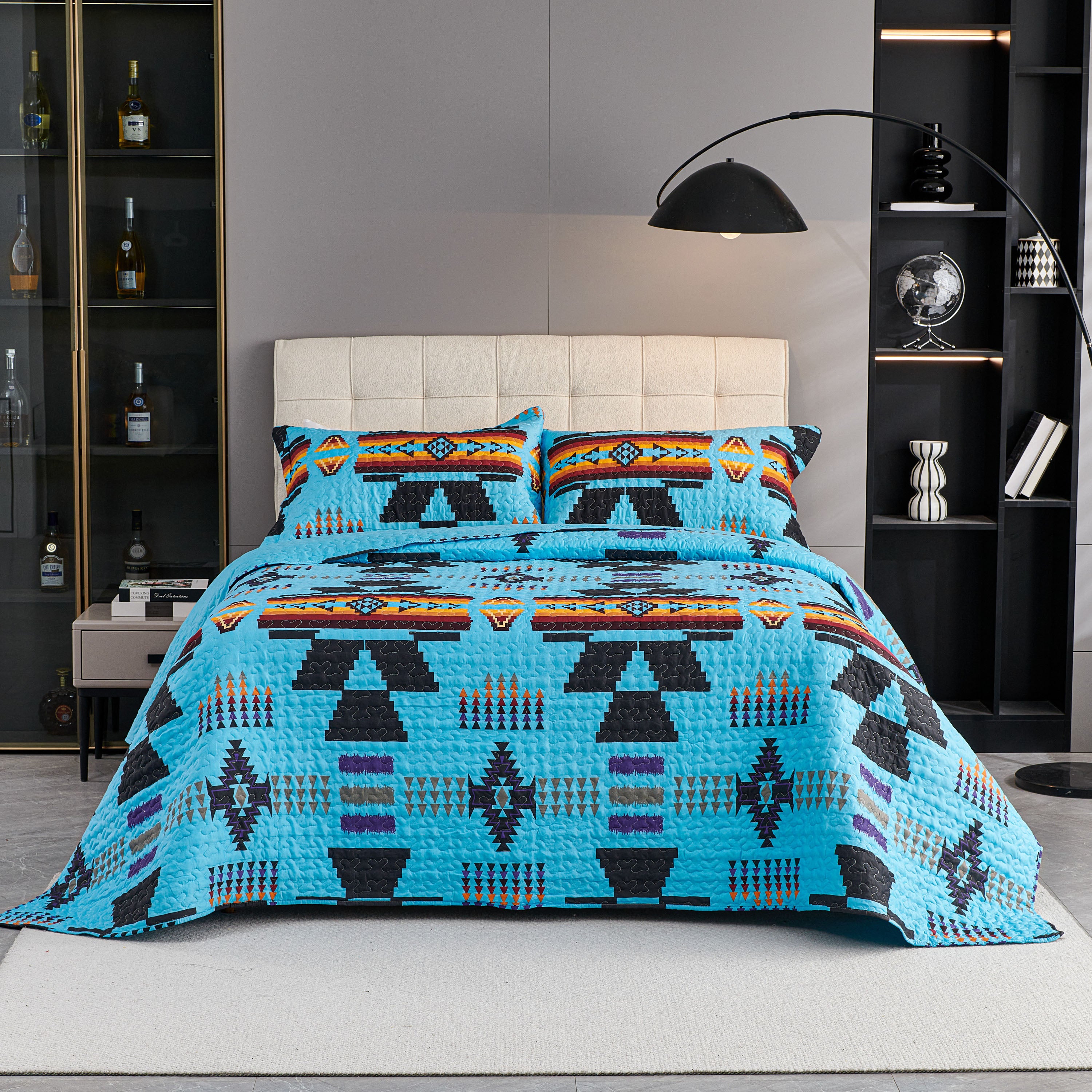 3 Piece Boho Colorful Geometric Printed Quilt Bedspread Set SS