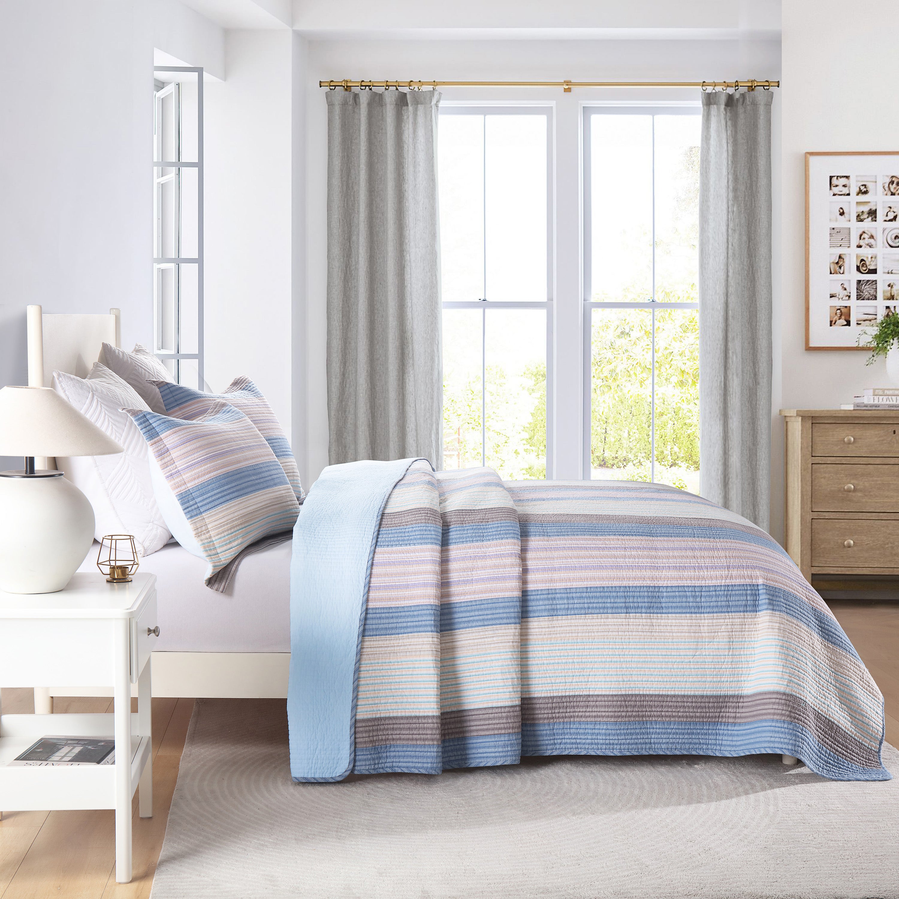 3 Piece 100% Cotton Striped Lightweight Quilt Bedspread Set CP323