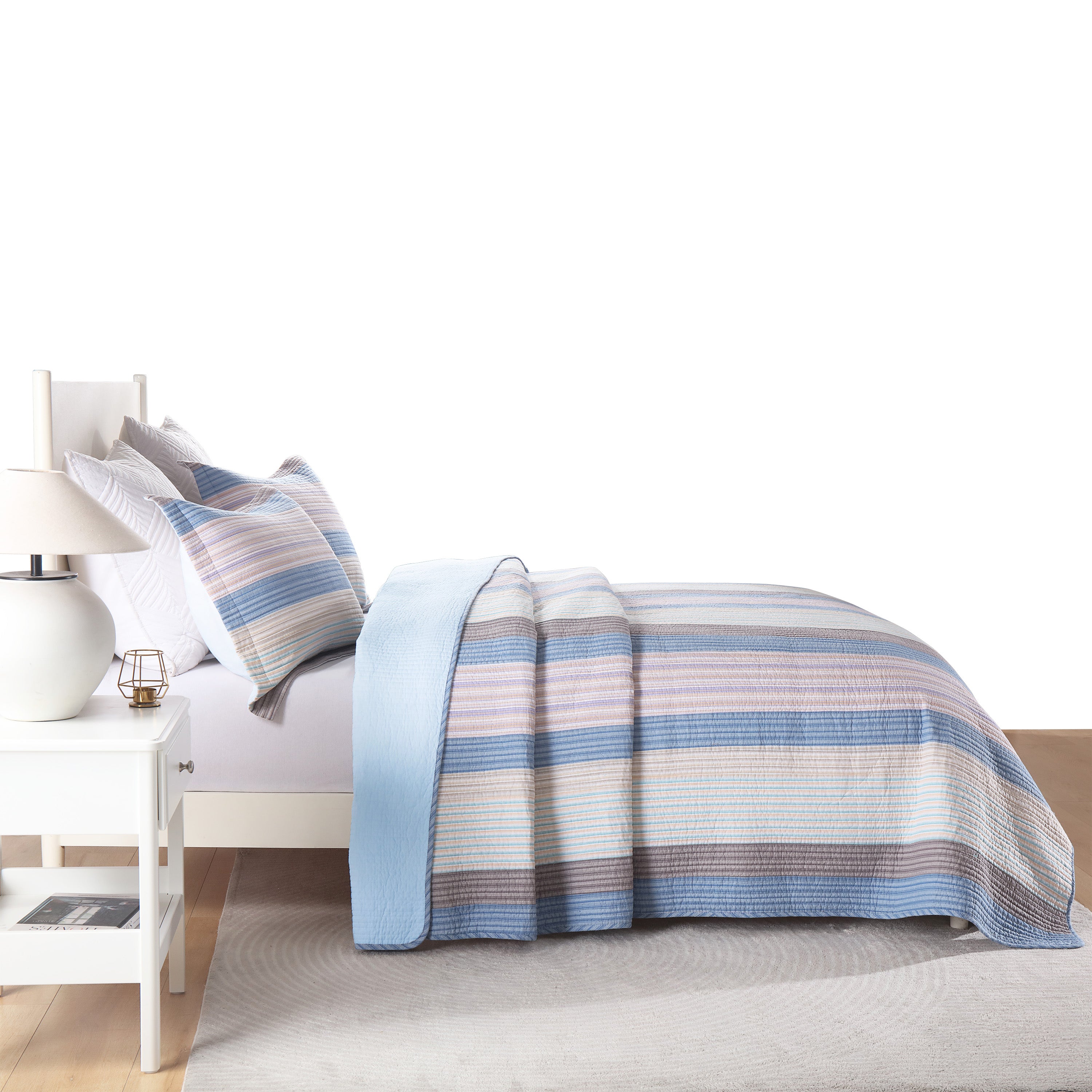 3 Piece 100% Cotton Striped Lightweight Quilt Bedspread Set CP323