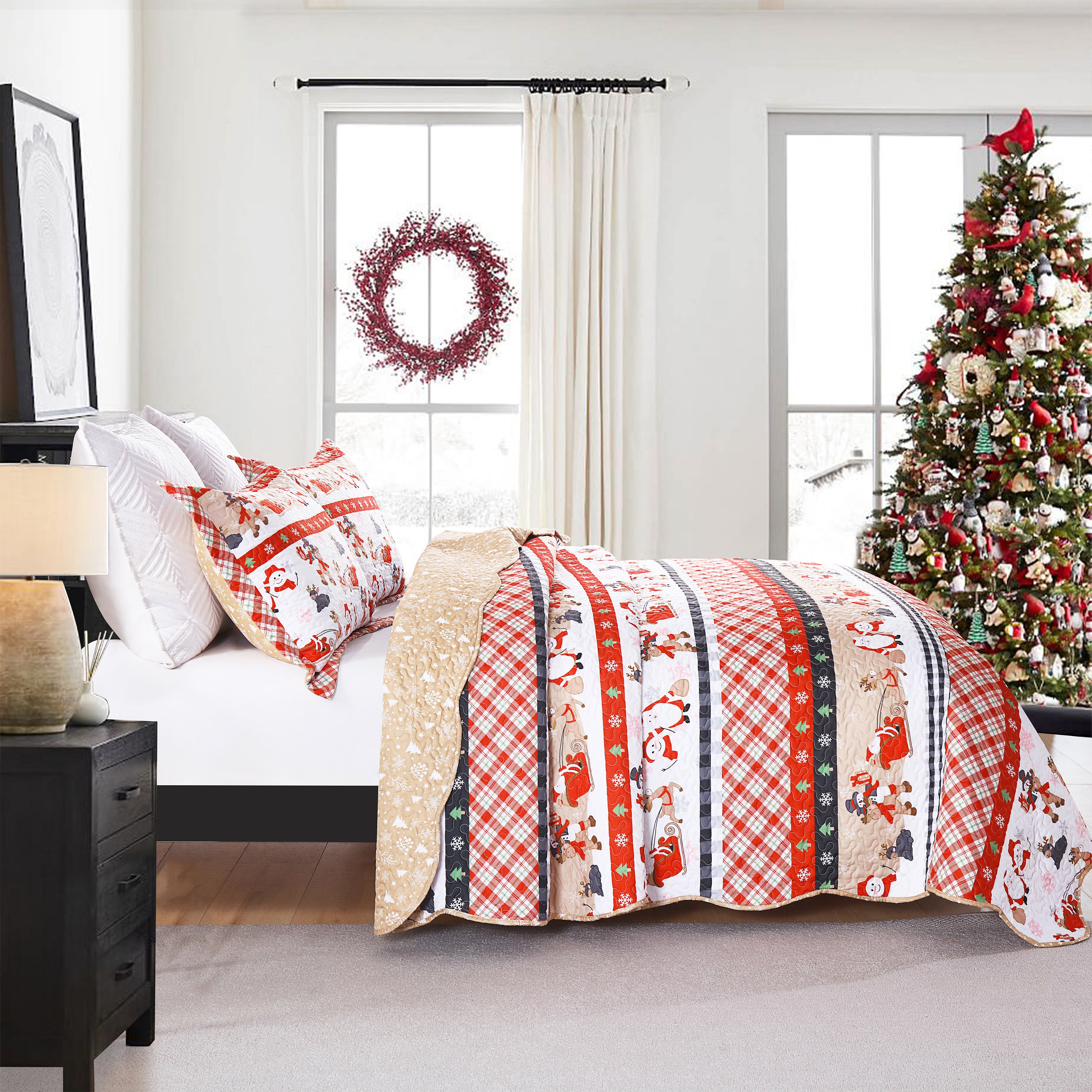 Christmas 3 Piece Quilt Set Santa Claus Printed Bedspread