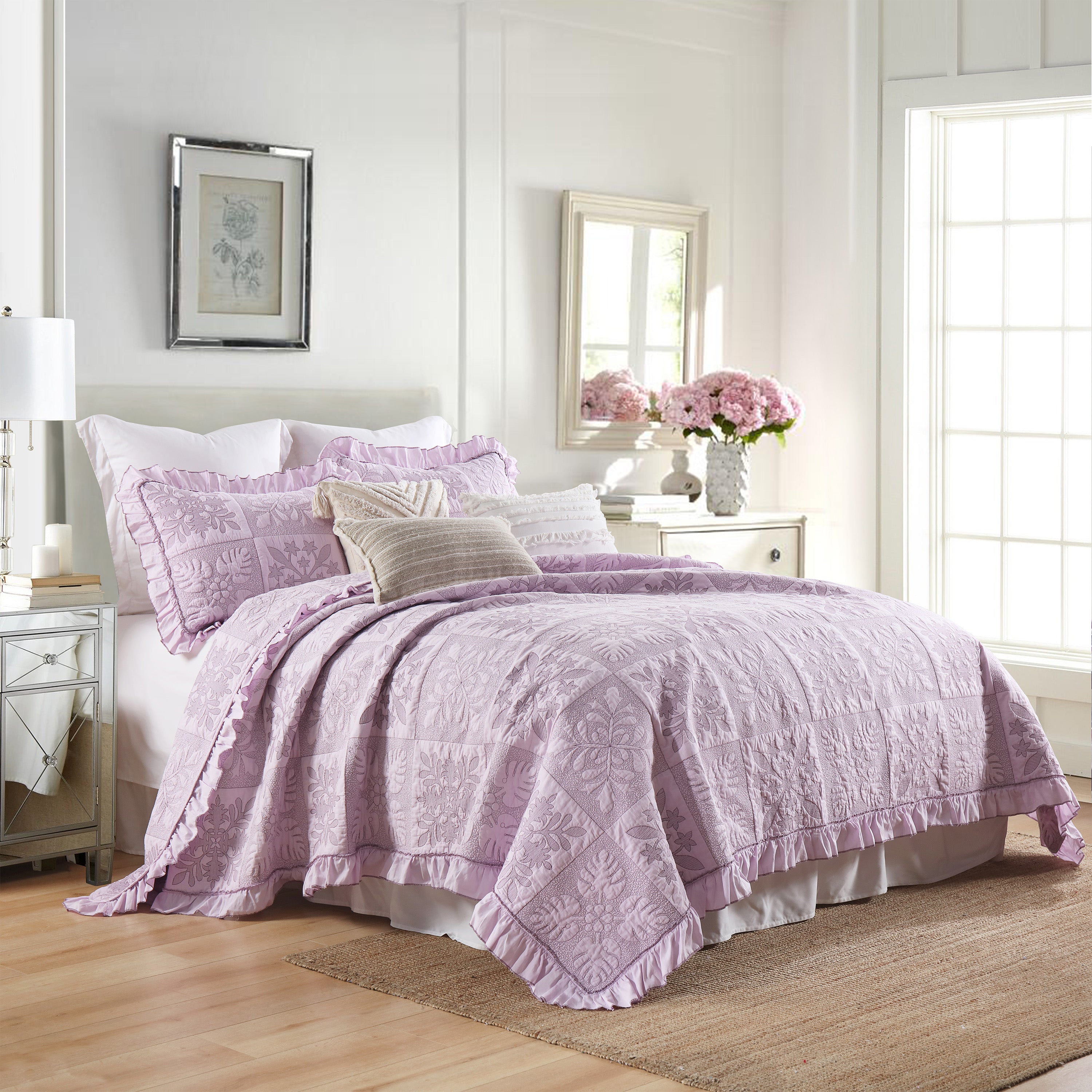 3 Piece 100% Cotton Embroidered Quilt Bedspread Set TJ
