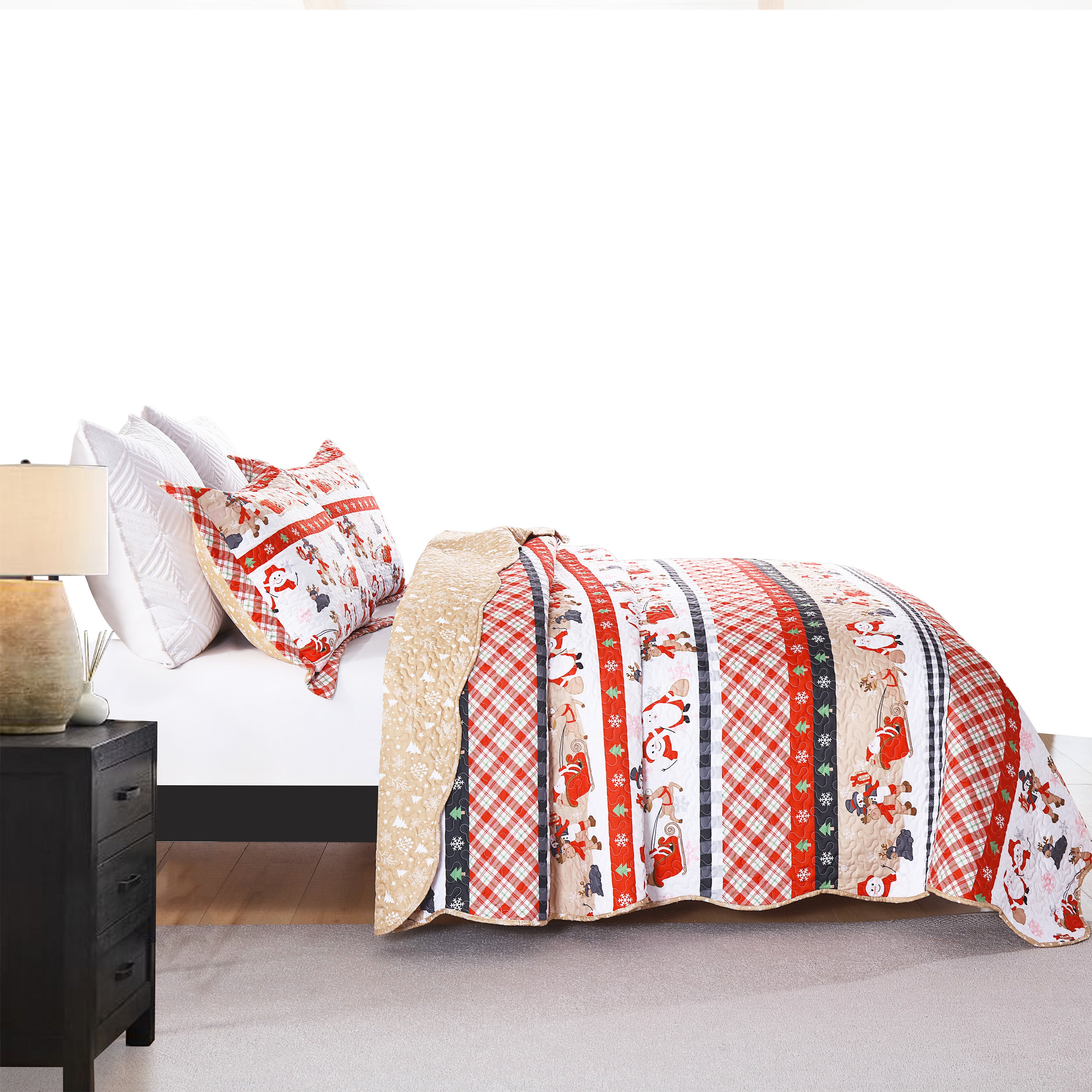 Christmas 3 Piece Quilt Set Santa Claus Printed Bedspread