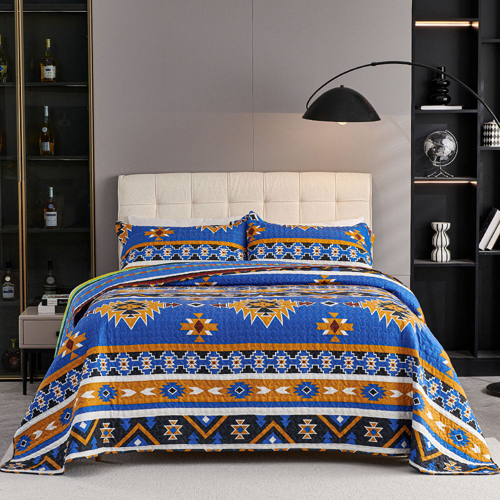 3 Piece Boho Colorful Geometric Printed Quilt Bedspread Set SS