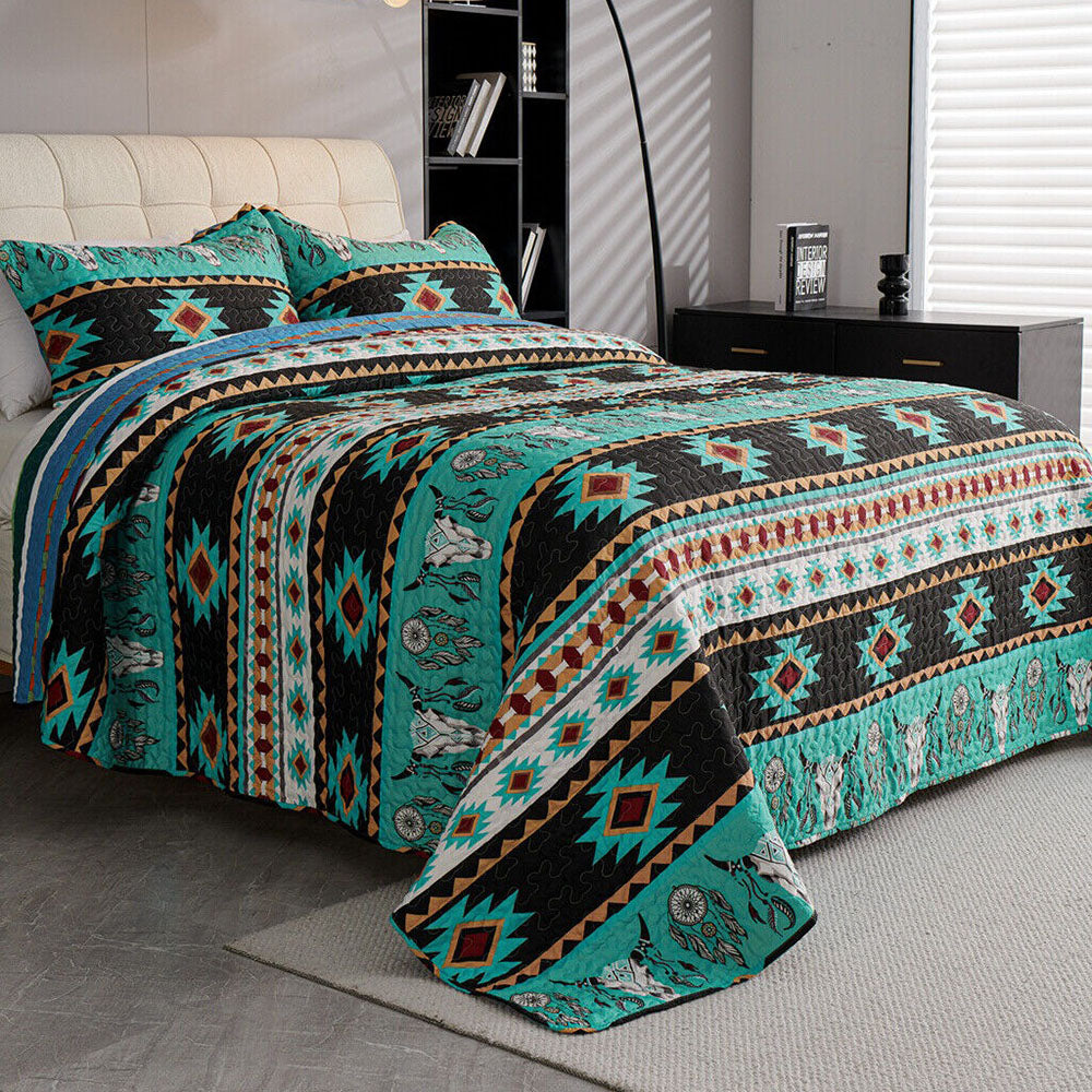 3 Piece Boho Colorful Geometric Printed Quilt Bedspread Set SS