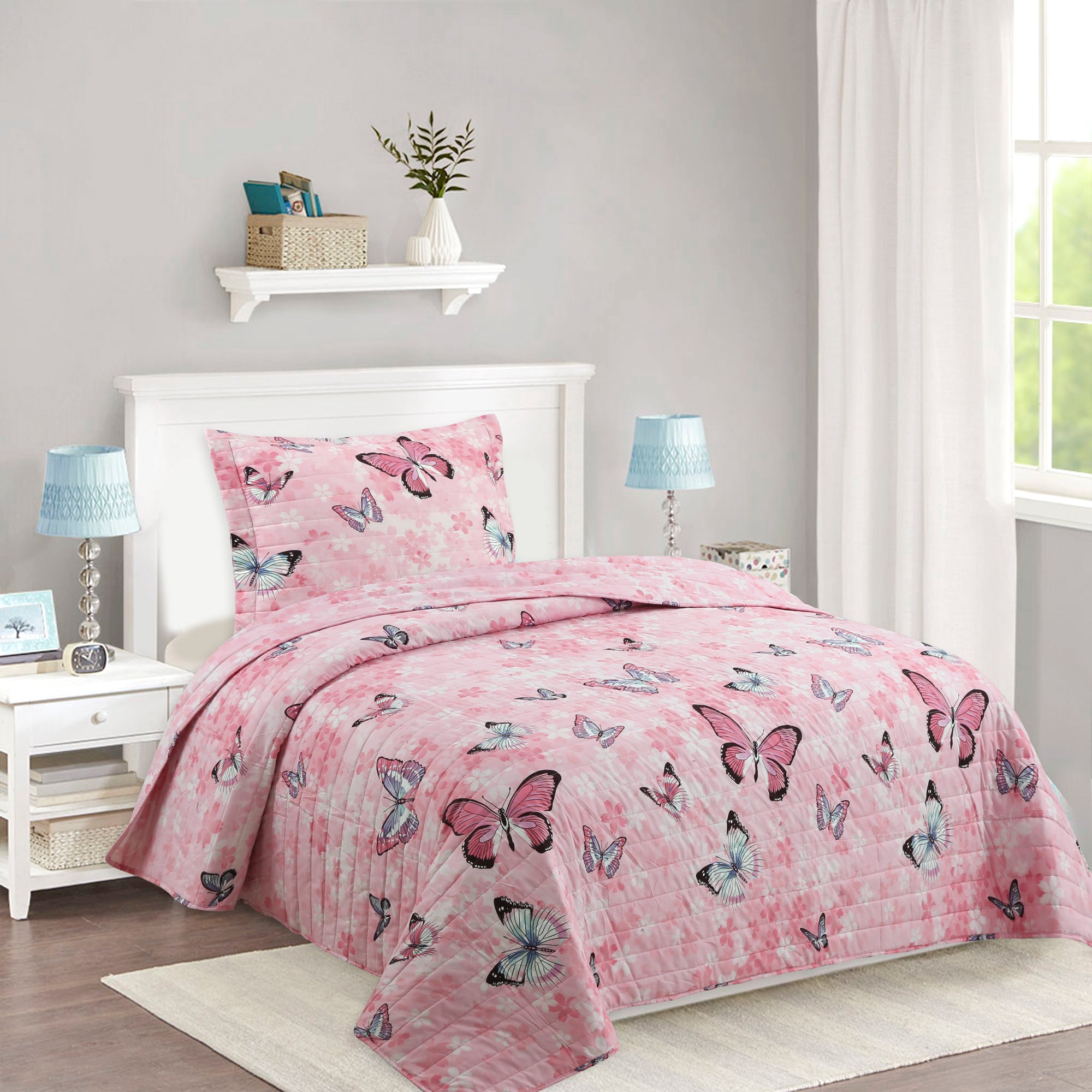 2/3 Piece Kids Girls Butterfly Quilt Set, Soft Lightweight Bedspread