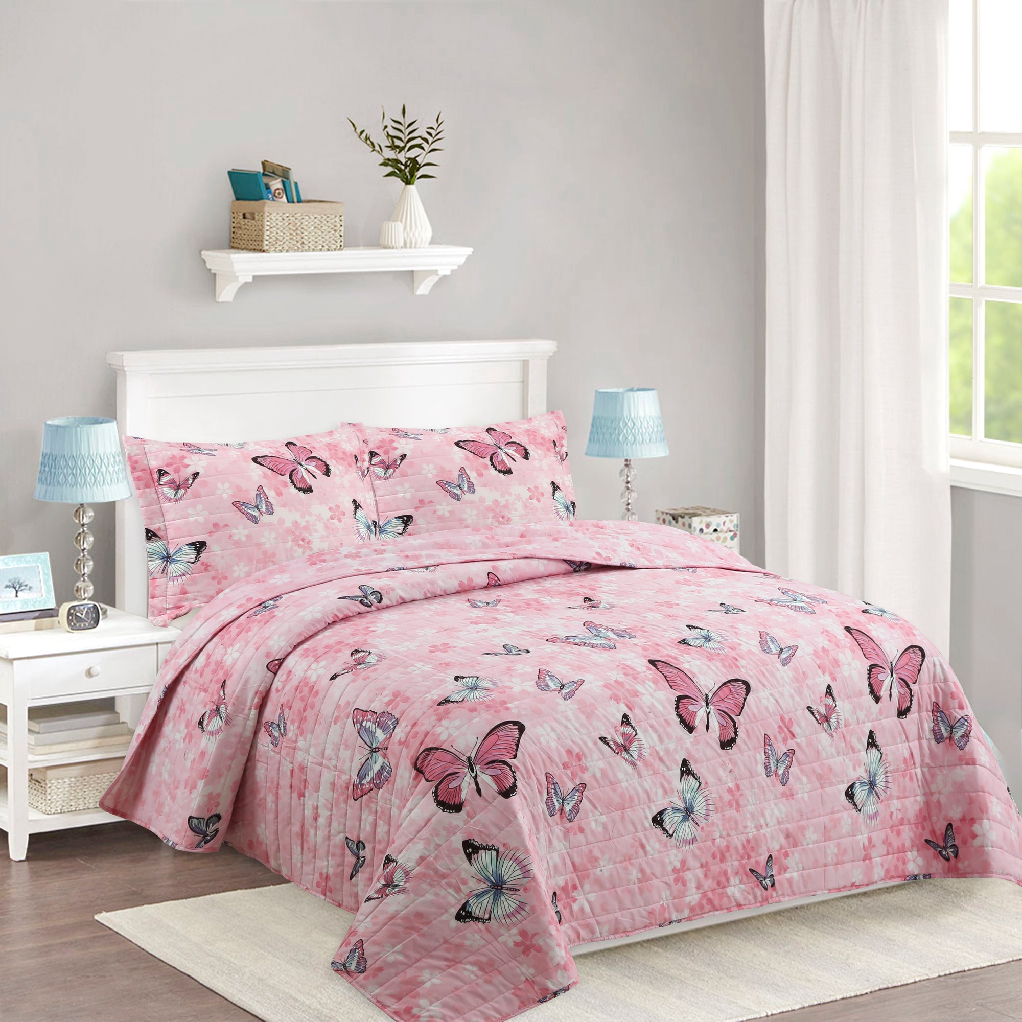 2/3 Piece Kids Girls Butterfly Quilt Set, Soft Lightweight Bedspread