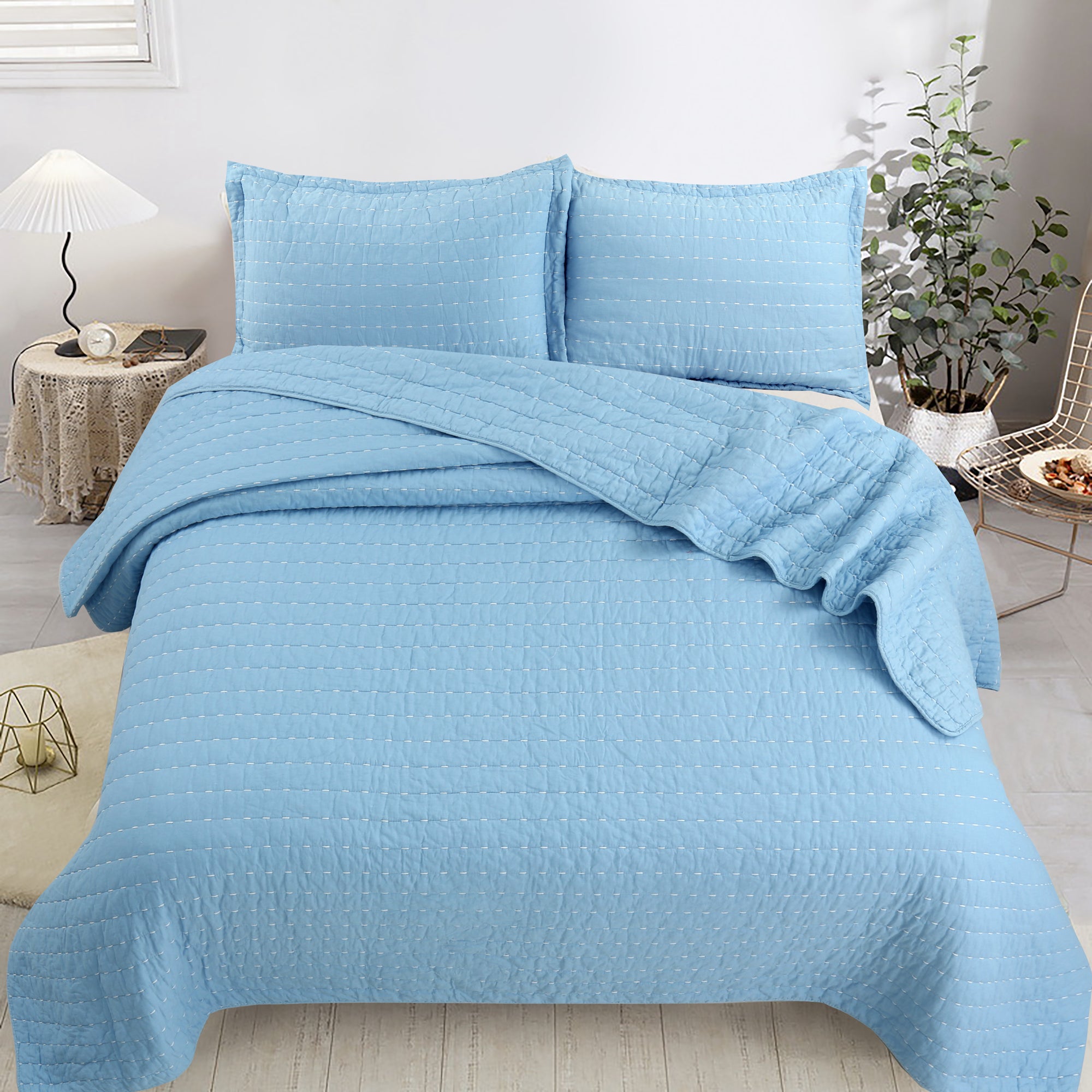 3 Piece 100% Cotton Quilt Set, Oversized Lightweight Channel Quilted Bedspread