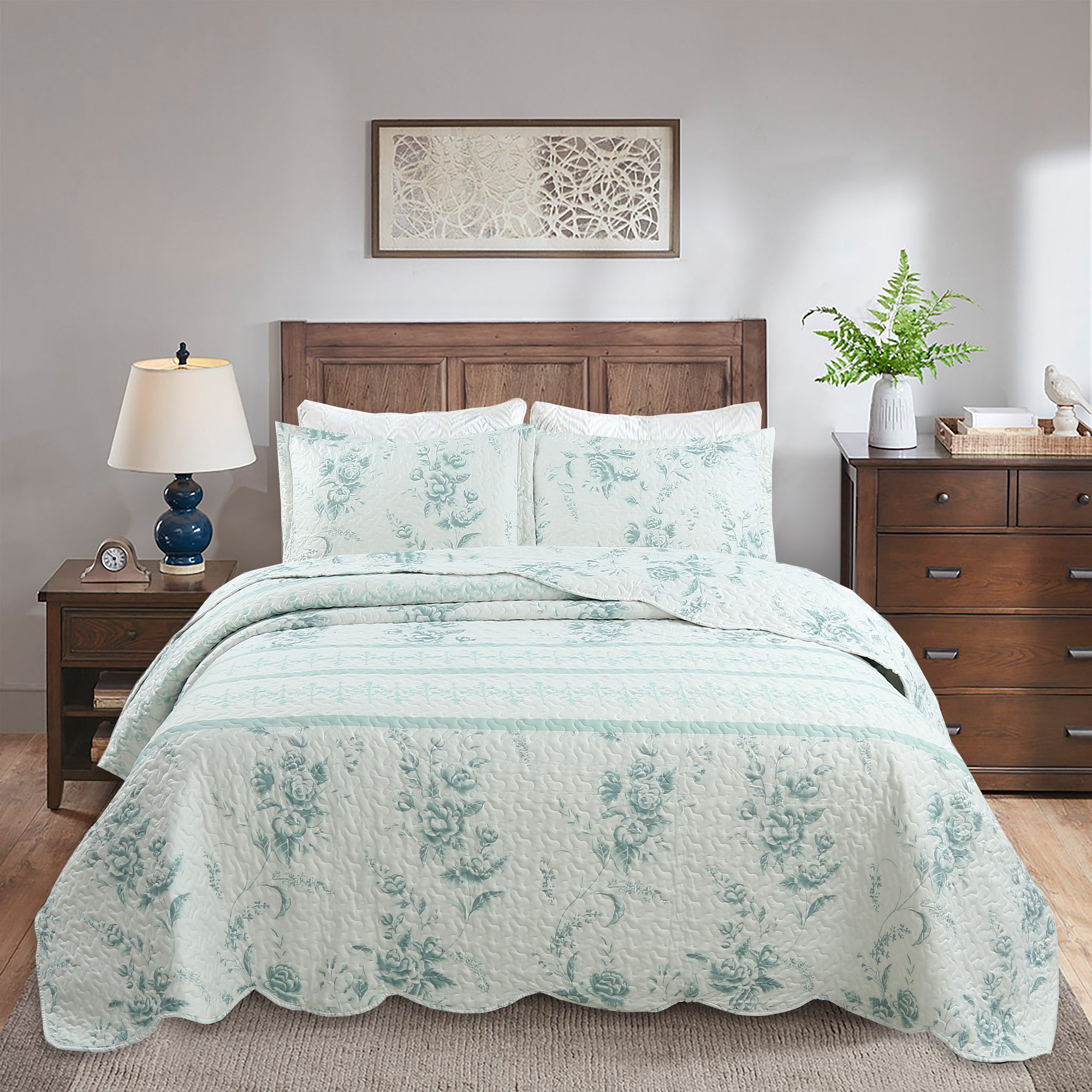 3 Piece Floral Quilt Set, French Country Bedspread C78