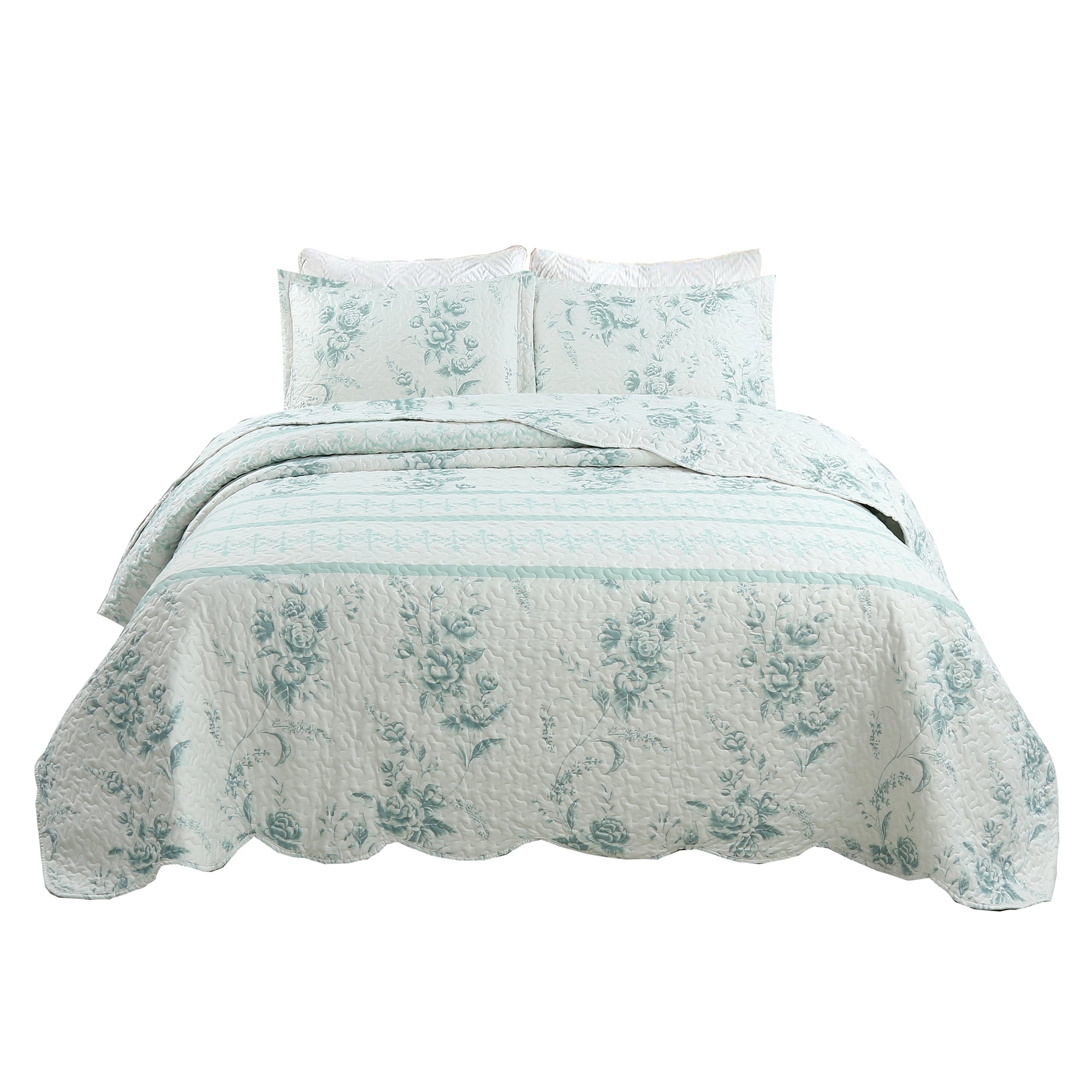 3 Piece Floral Quilt Set, French Country Bedspread C78