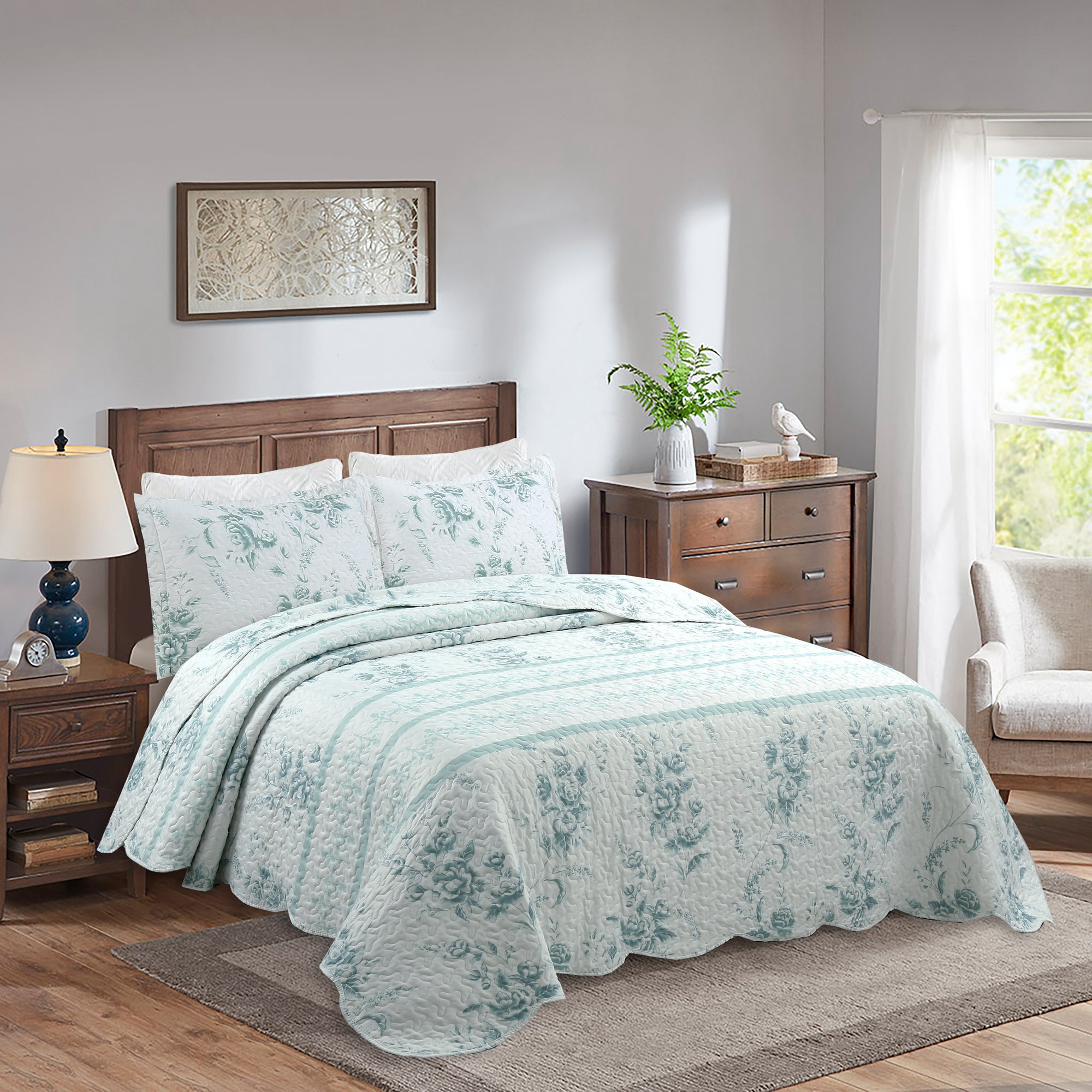 3 Piece Floral Quilt Set, French Country Bedspread C78
