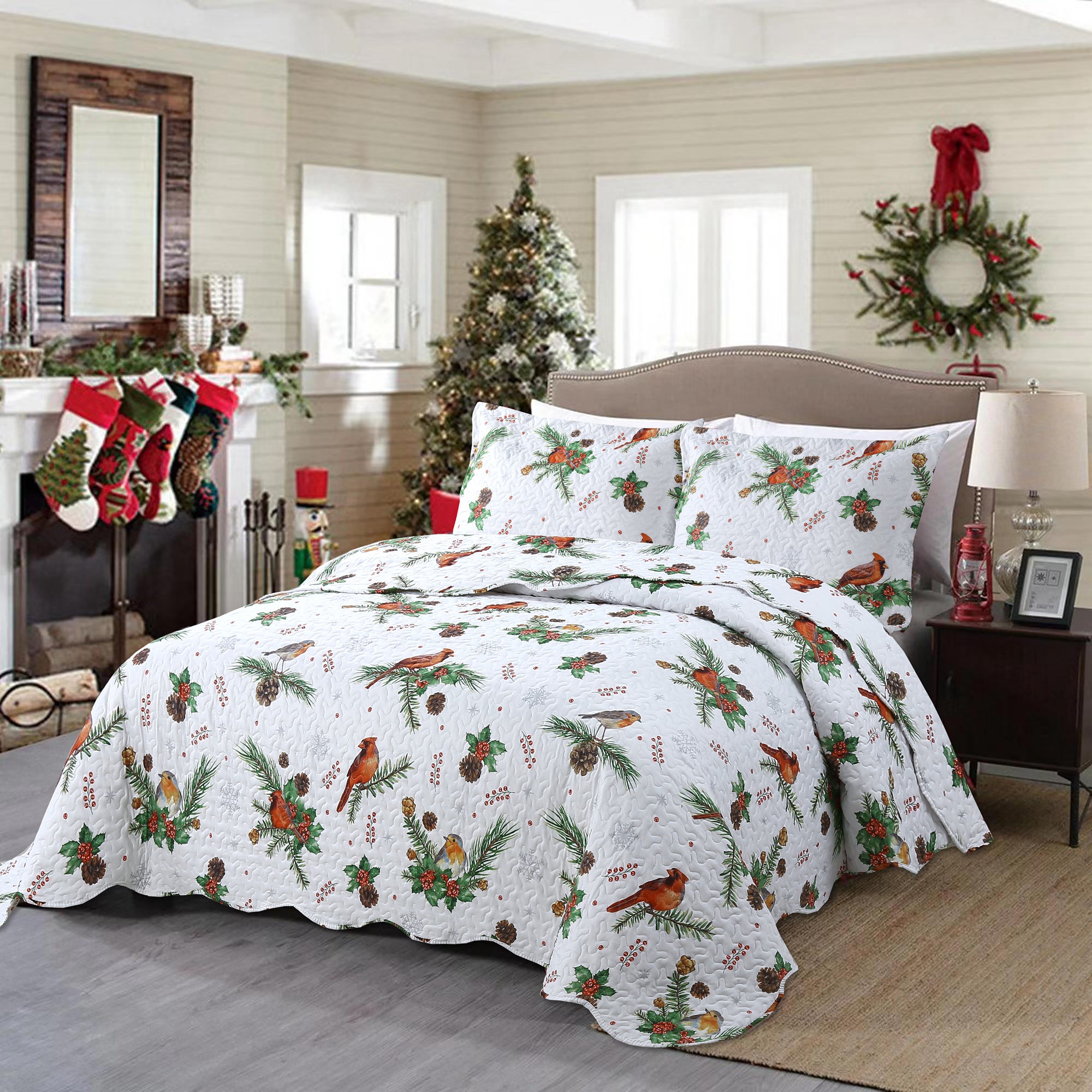 3 Piece Christmas Quilt Set, Red Cardinal Pinecone Bedspread C79