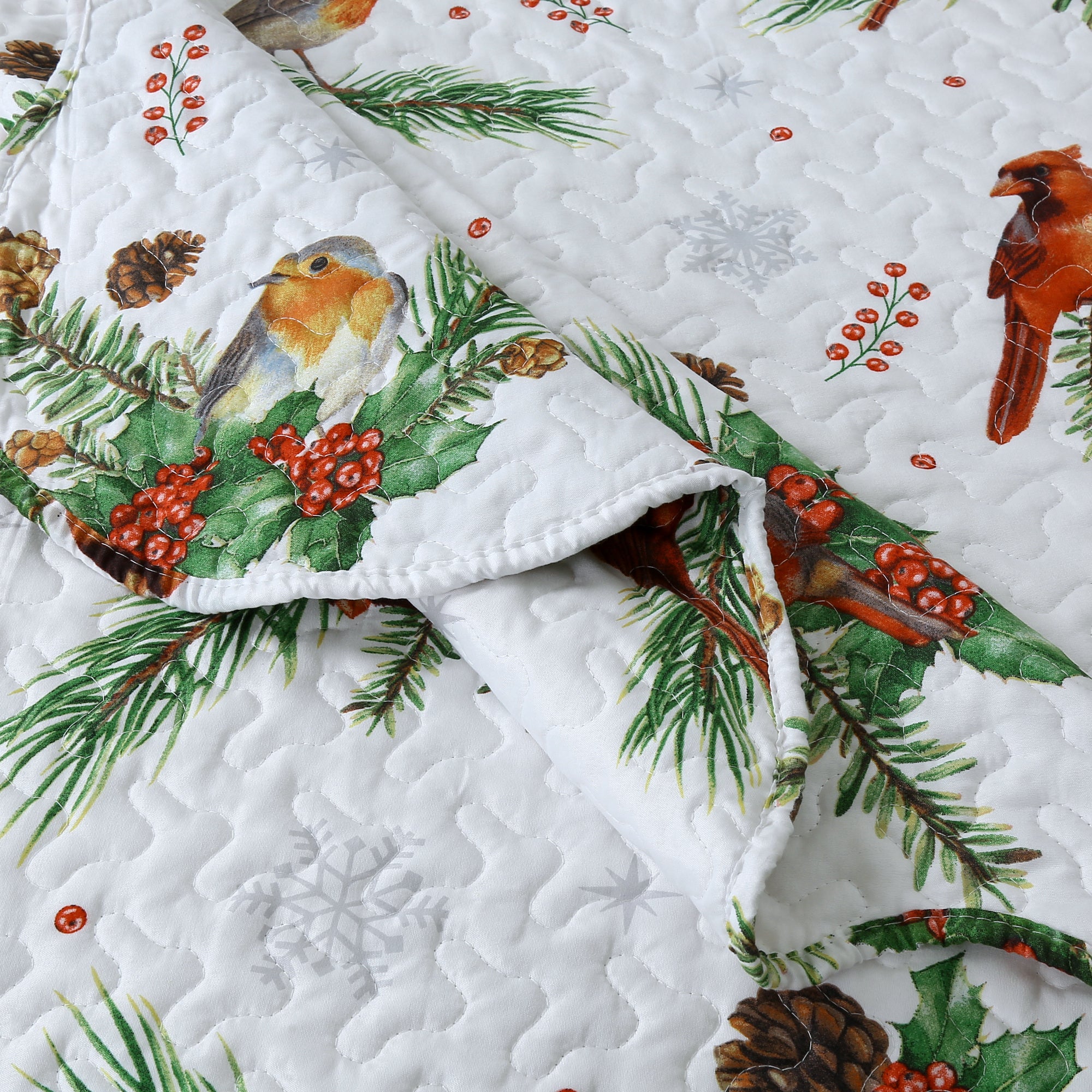 3 Piece Christmas Quilt Set, Red Cardinal Pinecone Bedspread C79