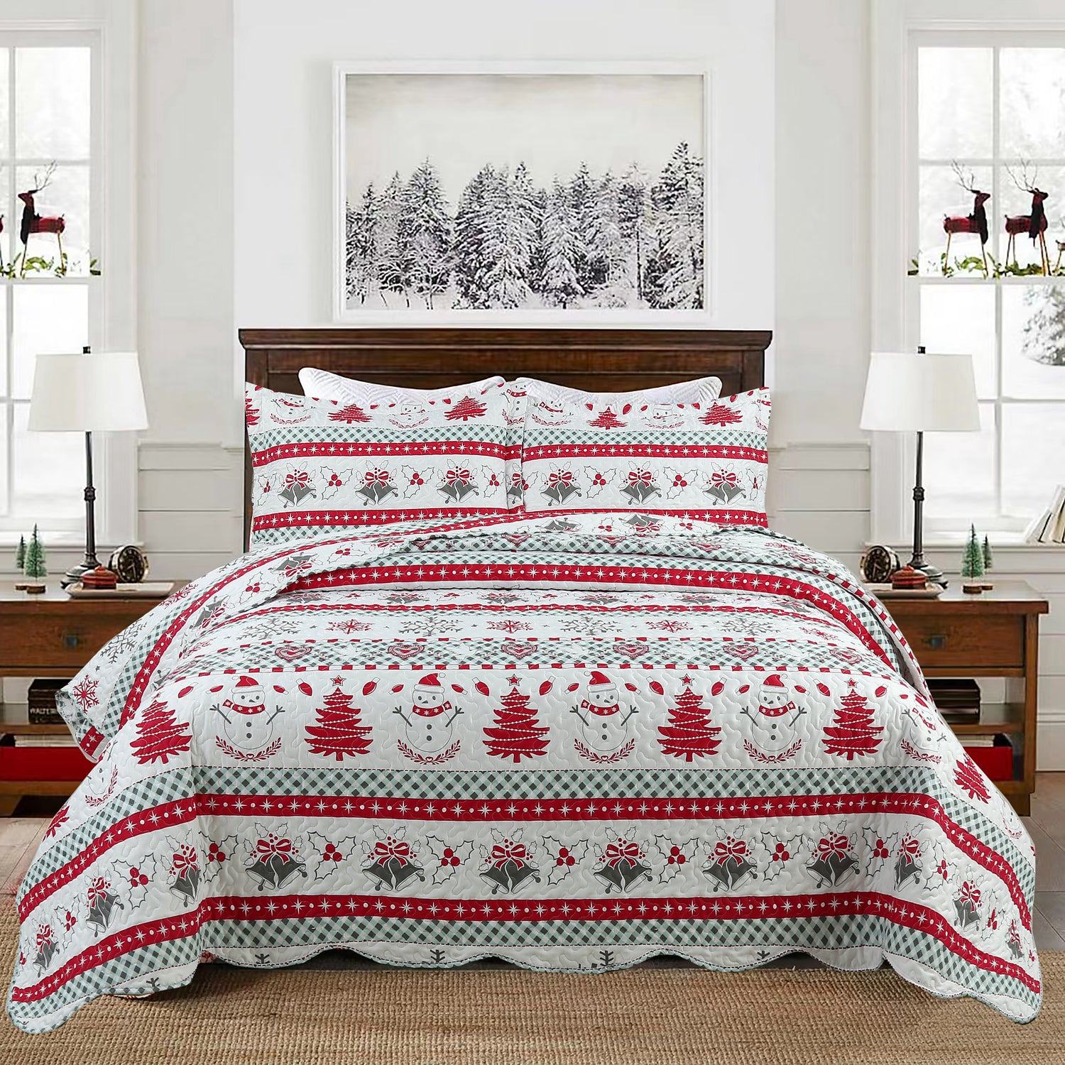 3 Pcs Christmas Quilt Bedspread Set C89