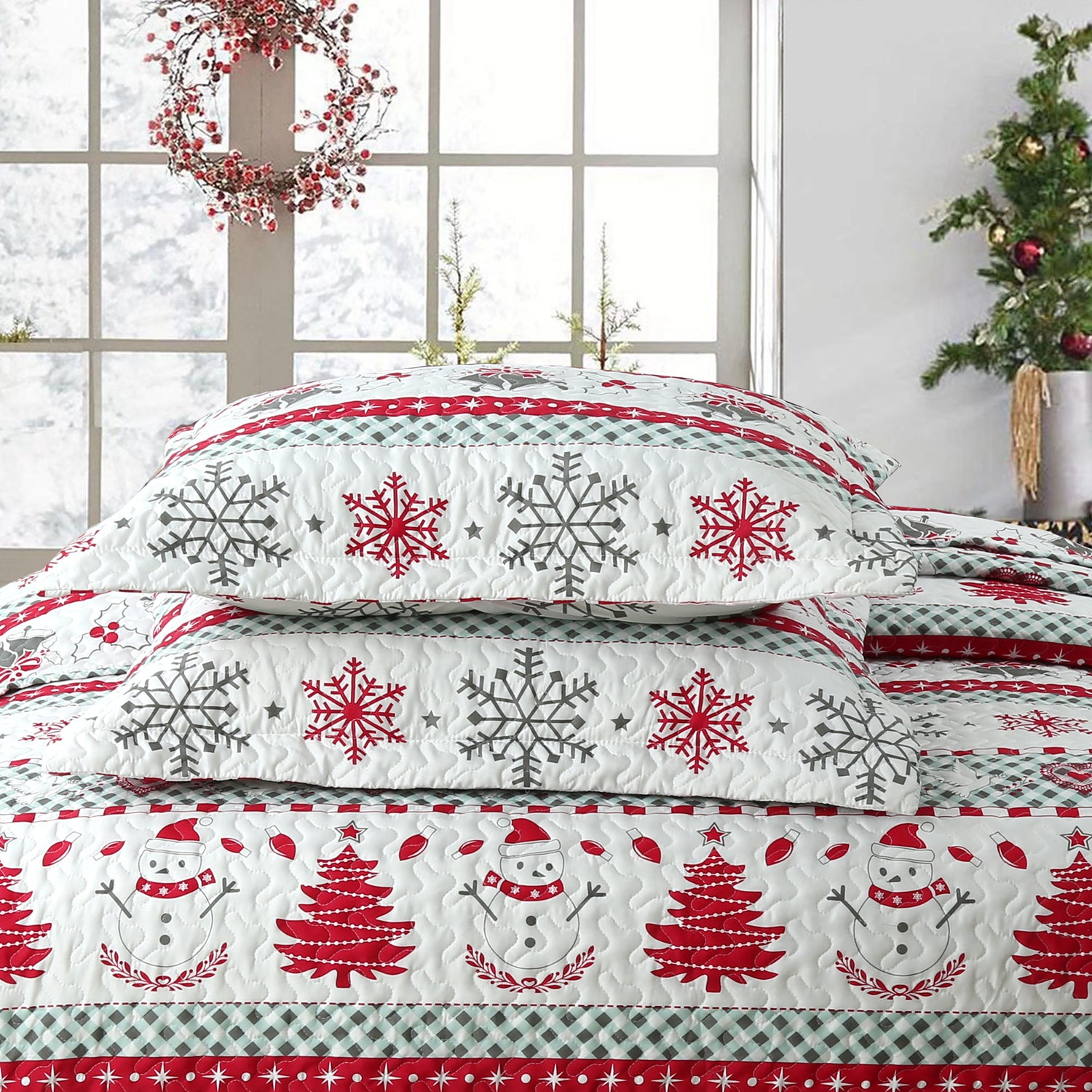 3 Piece Christmas Quilt Set, Snowflake Christmas Tree Bedspread C89