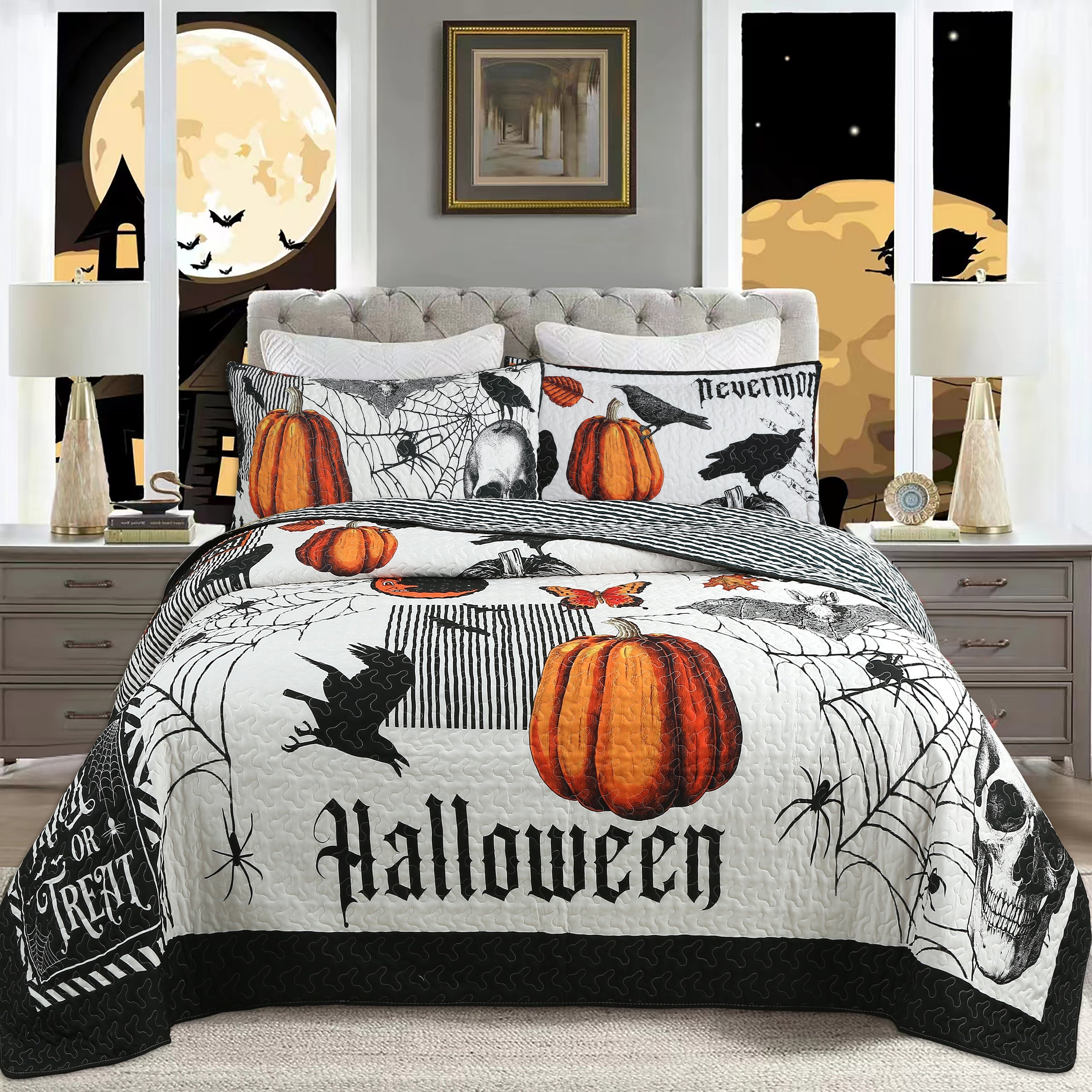 3 Piece Halloween Quilt Set - Skull & Pumpkin Print Bedspread ME500
