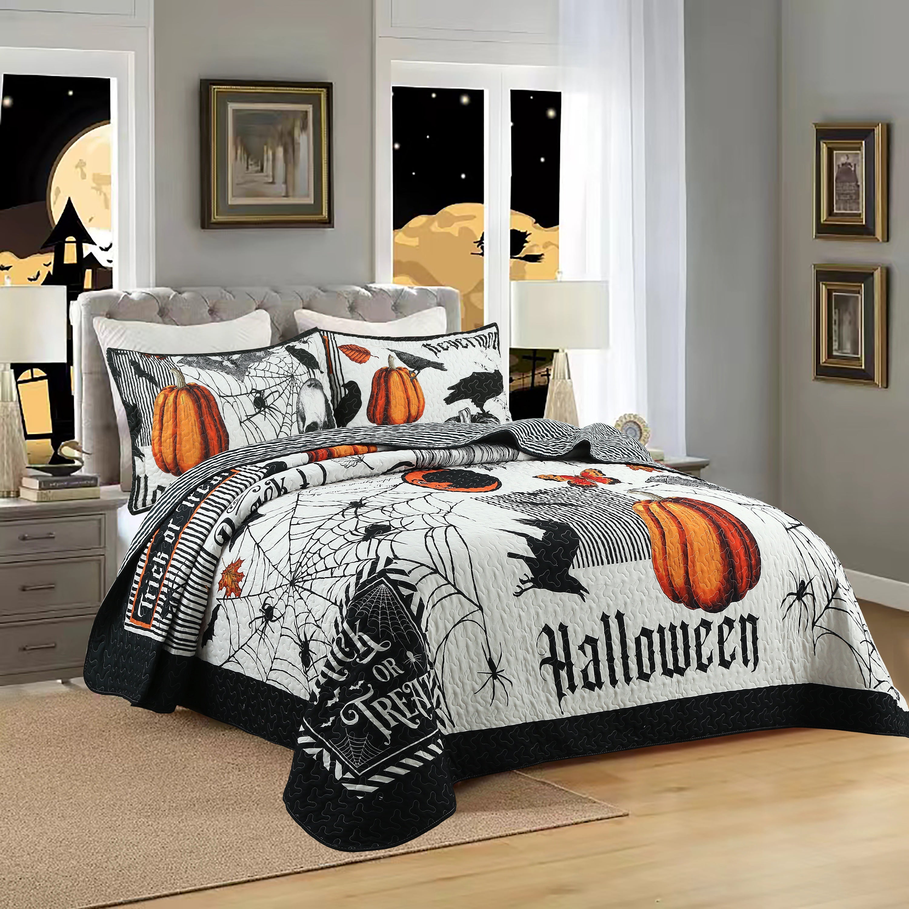 3 Piece Halloween Quilt Set - Skull & Pumpkin Print Bedspread ME500
