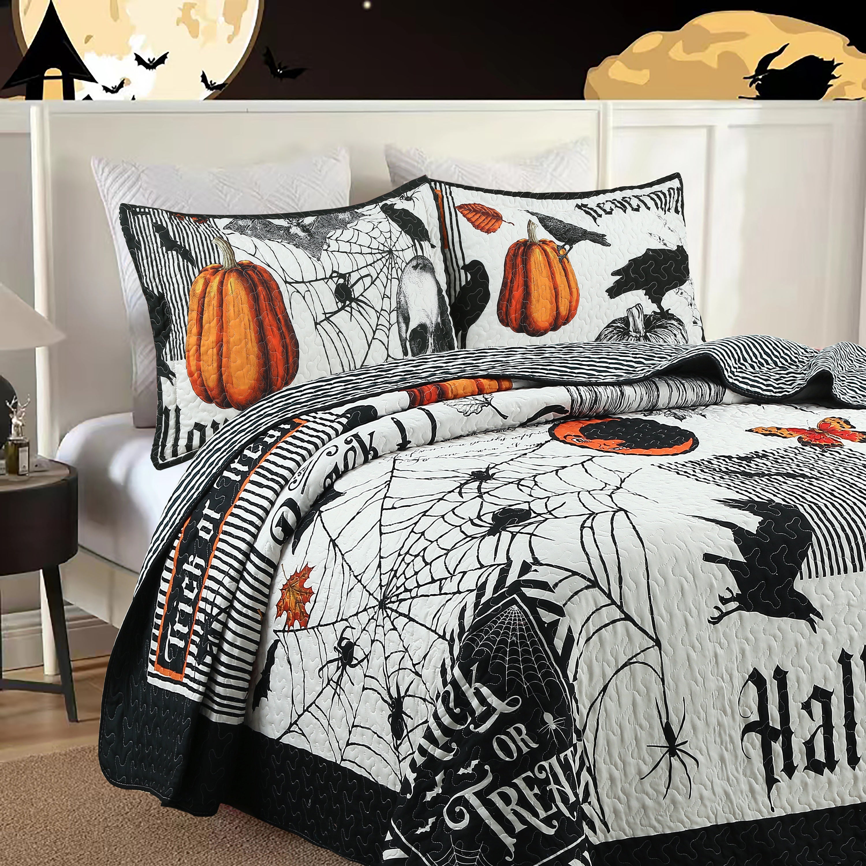 3 Piece Halloween Quilt Set - Skull & Pumpkin Print Bedspread ME500