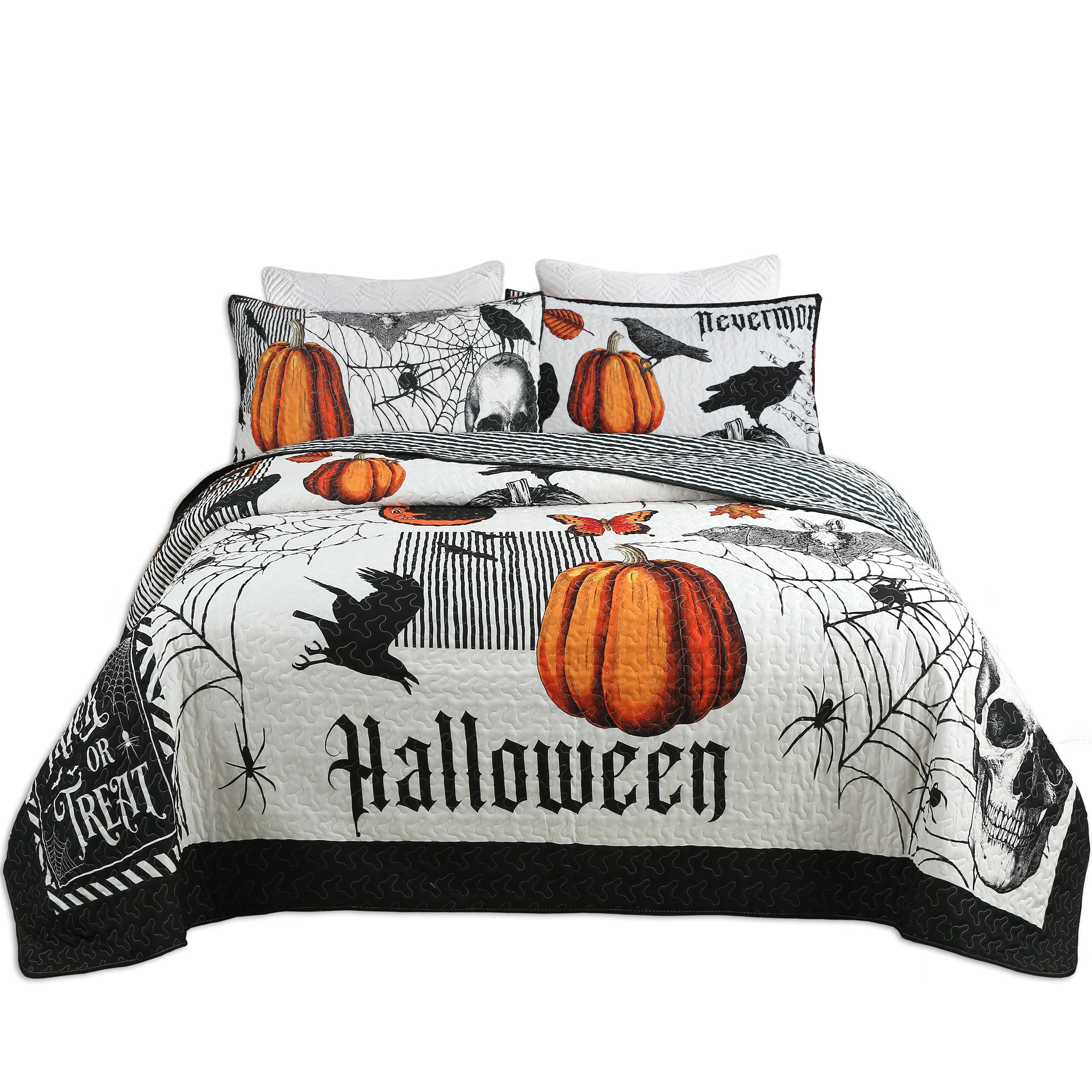 3 Piece Halloween Quilt Set - Skull & Pumpkin Print Bedspread ME500